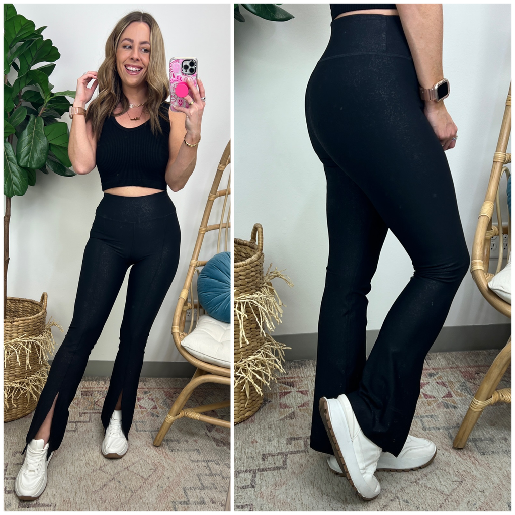 Paigely High Waist Faux Leather Slit Flare Leggings - FINAL SALE - Madison and Mallory