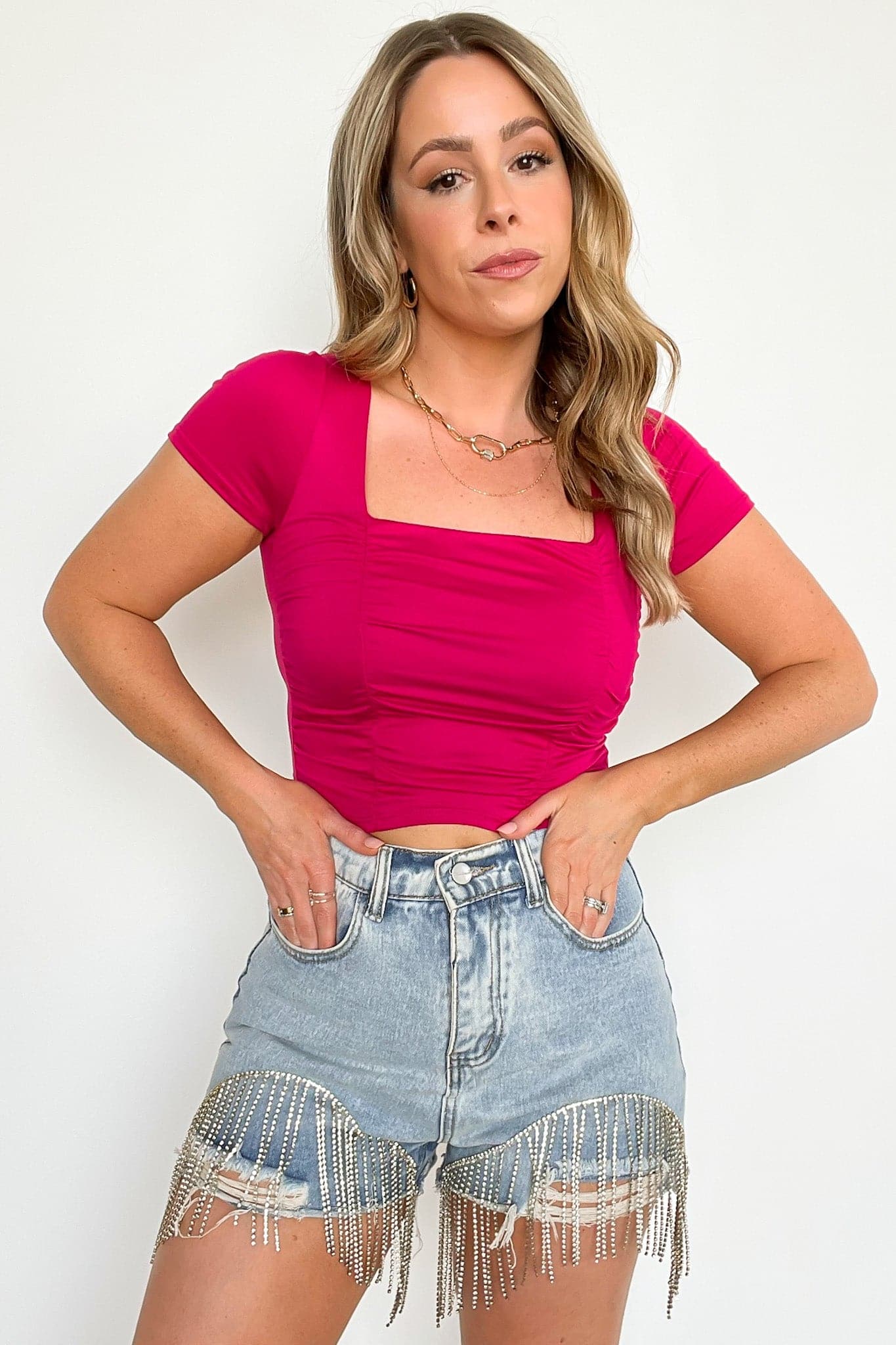 Fuchsia / S Palmira Ruched Square Neck Crop Top - FINAL SALE - Madison and Mallory
