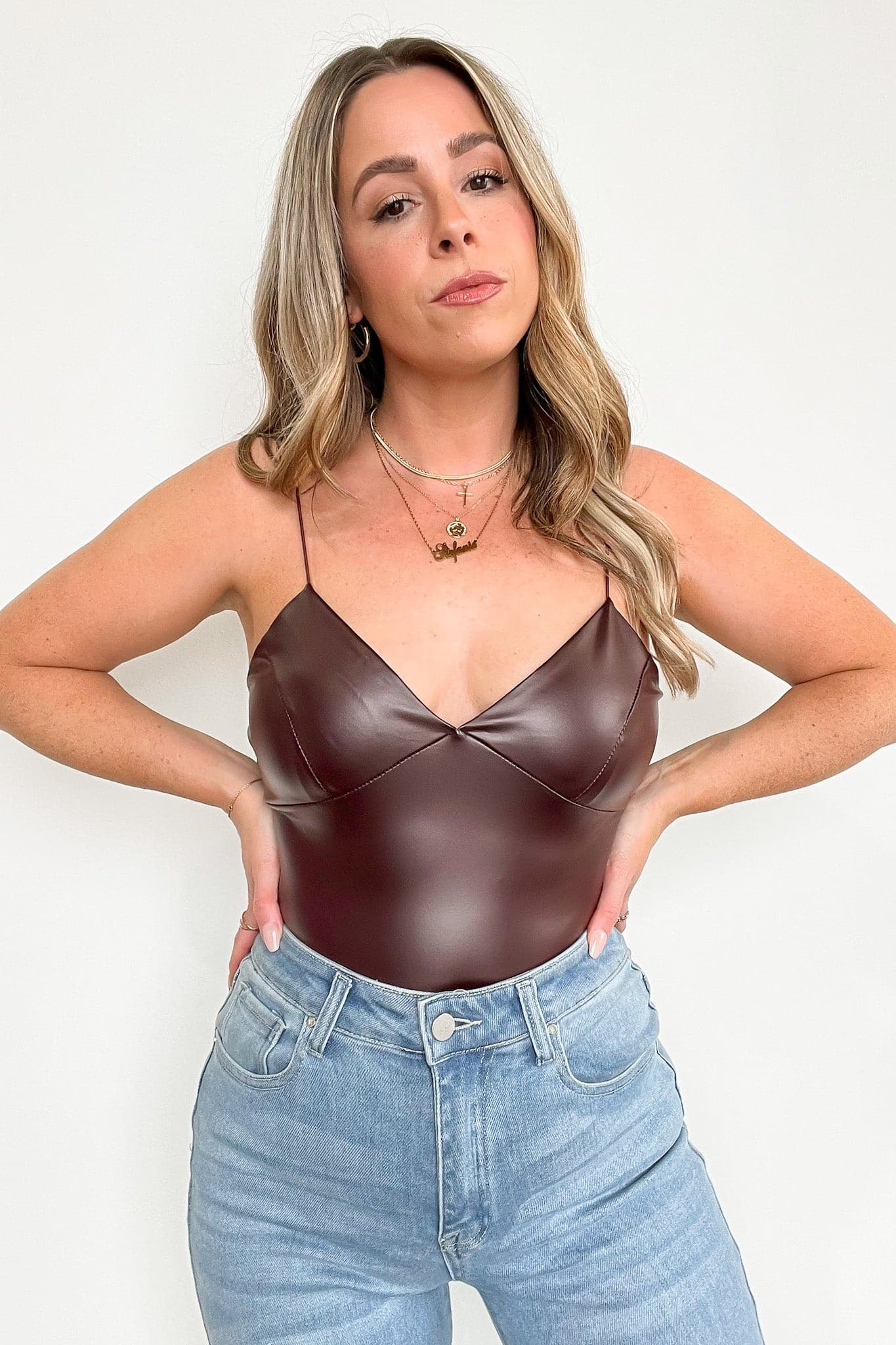 S / Wine Party Agenda Faux Leather Bodysuit - Madison and Mallory