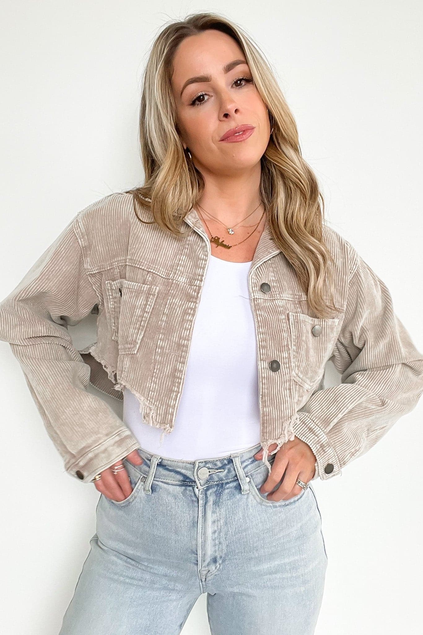 Powder Taupe / S Perfect Promise Cropped Distressed Corduroy Jacket - FINAL SALE - Madison and Mallory