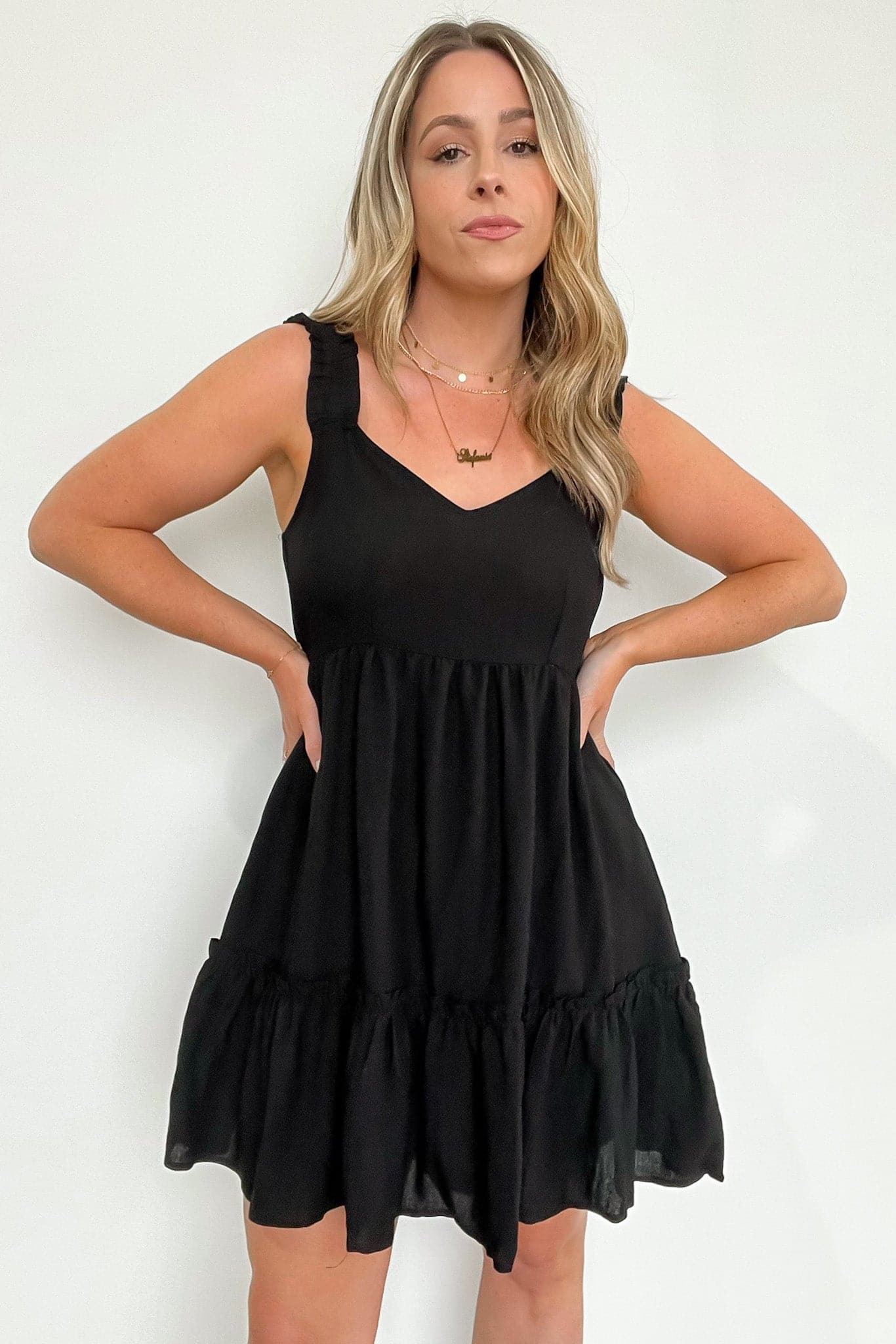 Black / S Perfectly Pleased Tiered Ruched Strap Dress - BACK IN STOCK - Madison and Mallory