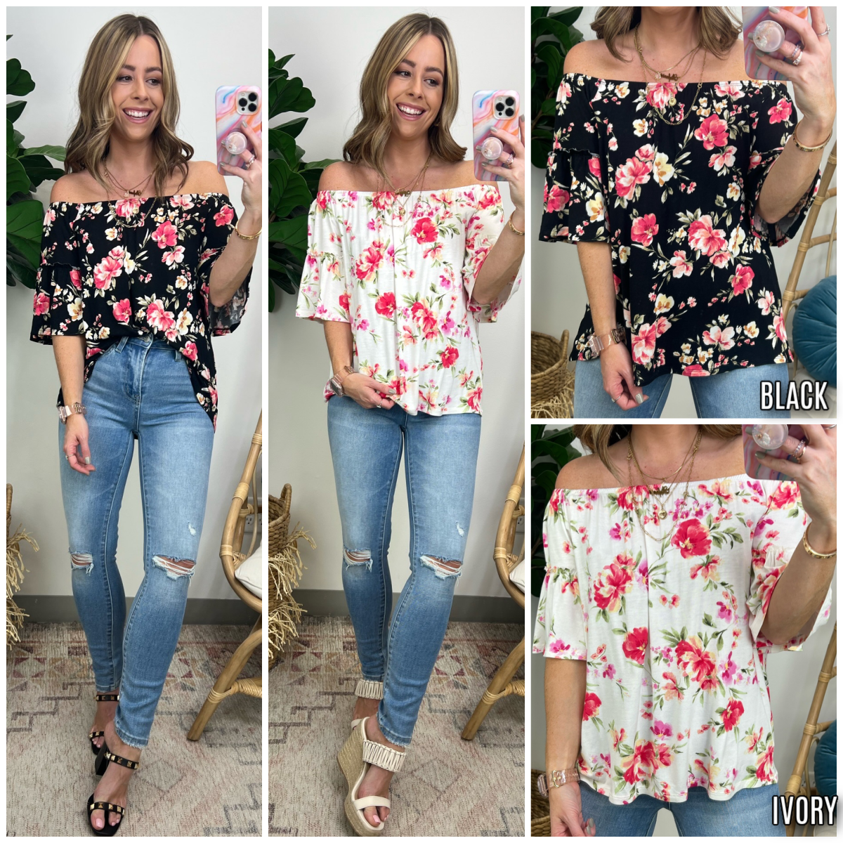 Picking Flowers Off Shoulder Bell Sleeve Top - Madison and Mallory