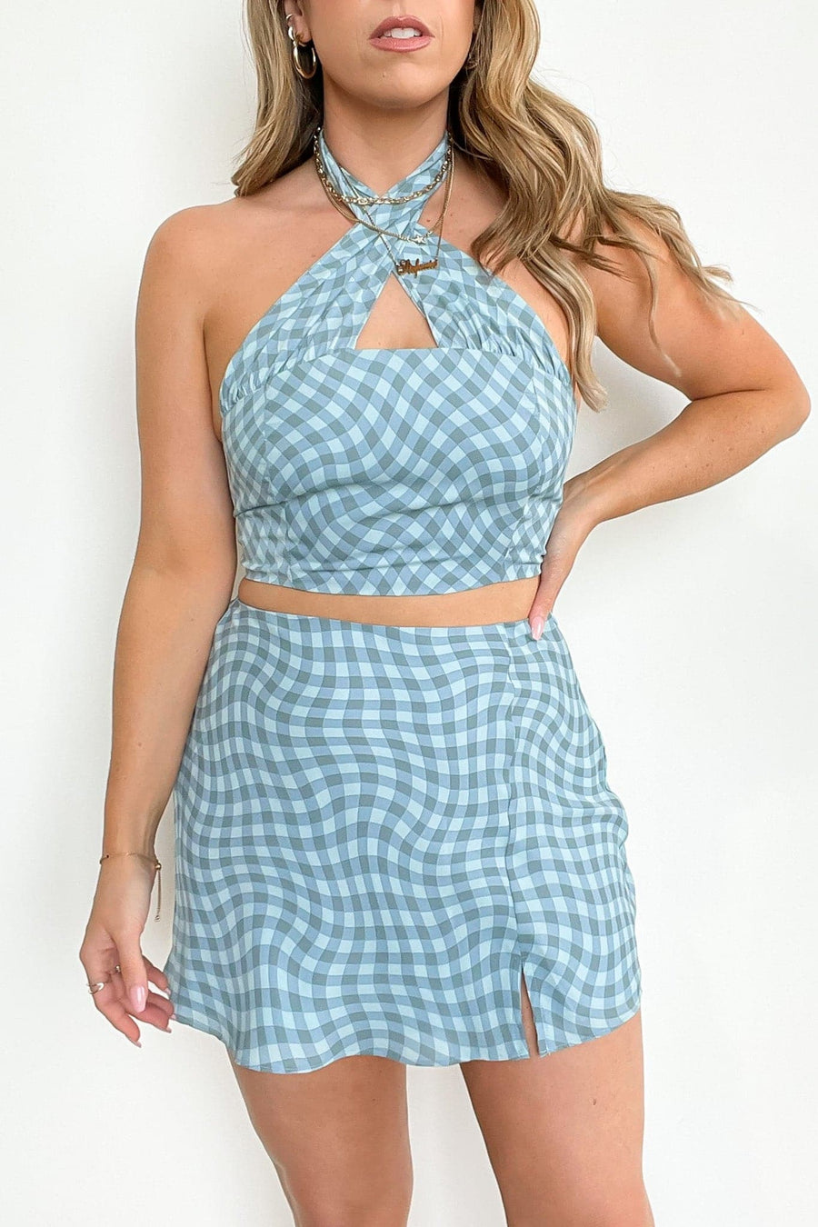 S / Teal/Blue Point for Me Check Print Skirt - FINAL SALE - Madison and Mallory