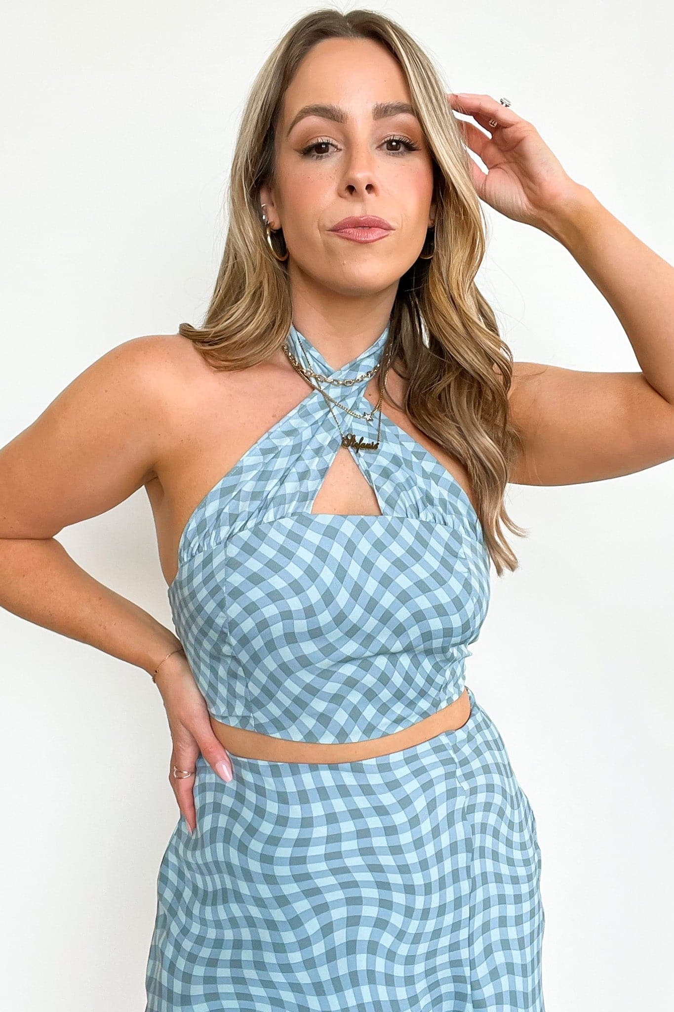 S / Teal/Blue Point for Me Checkered Halter Crop Top - FINAL SALE - Madison and Mallory