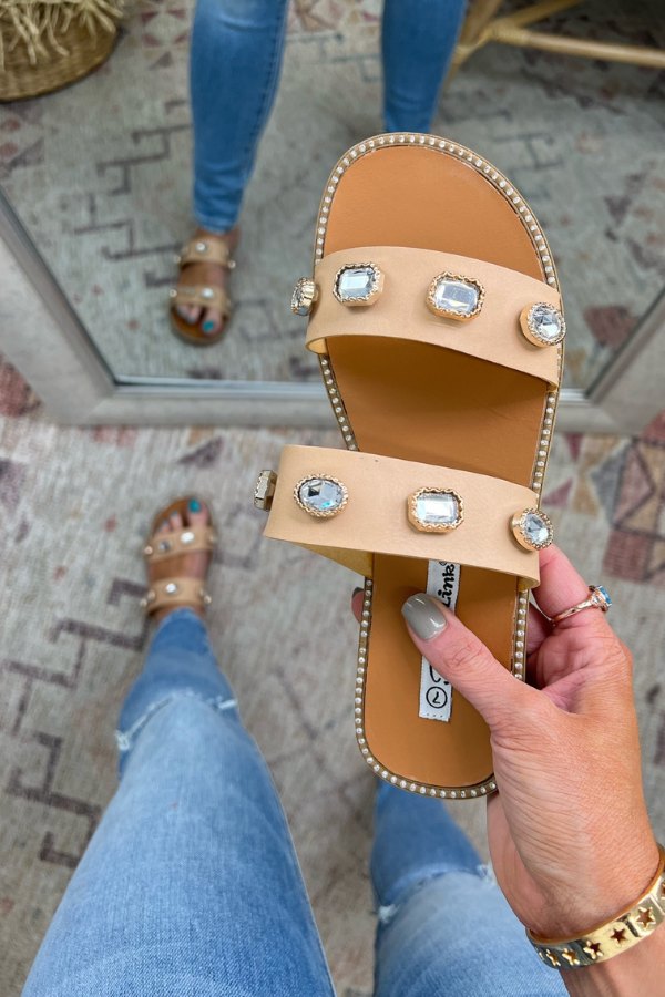 Beige / 5 Properly Poised Crystal Stud Double Strap Sandals - FINAL SALE - Madison and Mallory