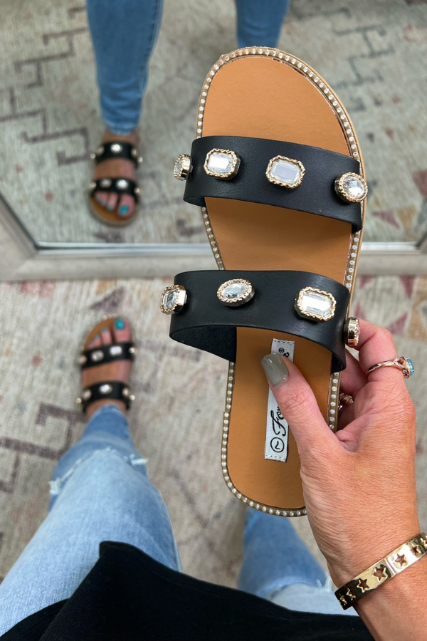 Black / 5 Properly Poised Crystal Stud Double Strap Sandals - FINAL SALE - Madison and Mallory