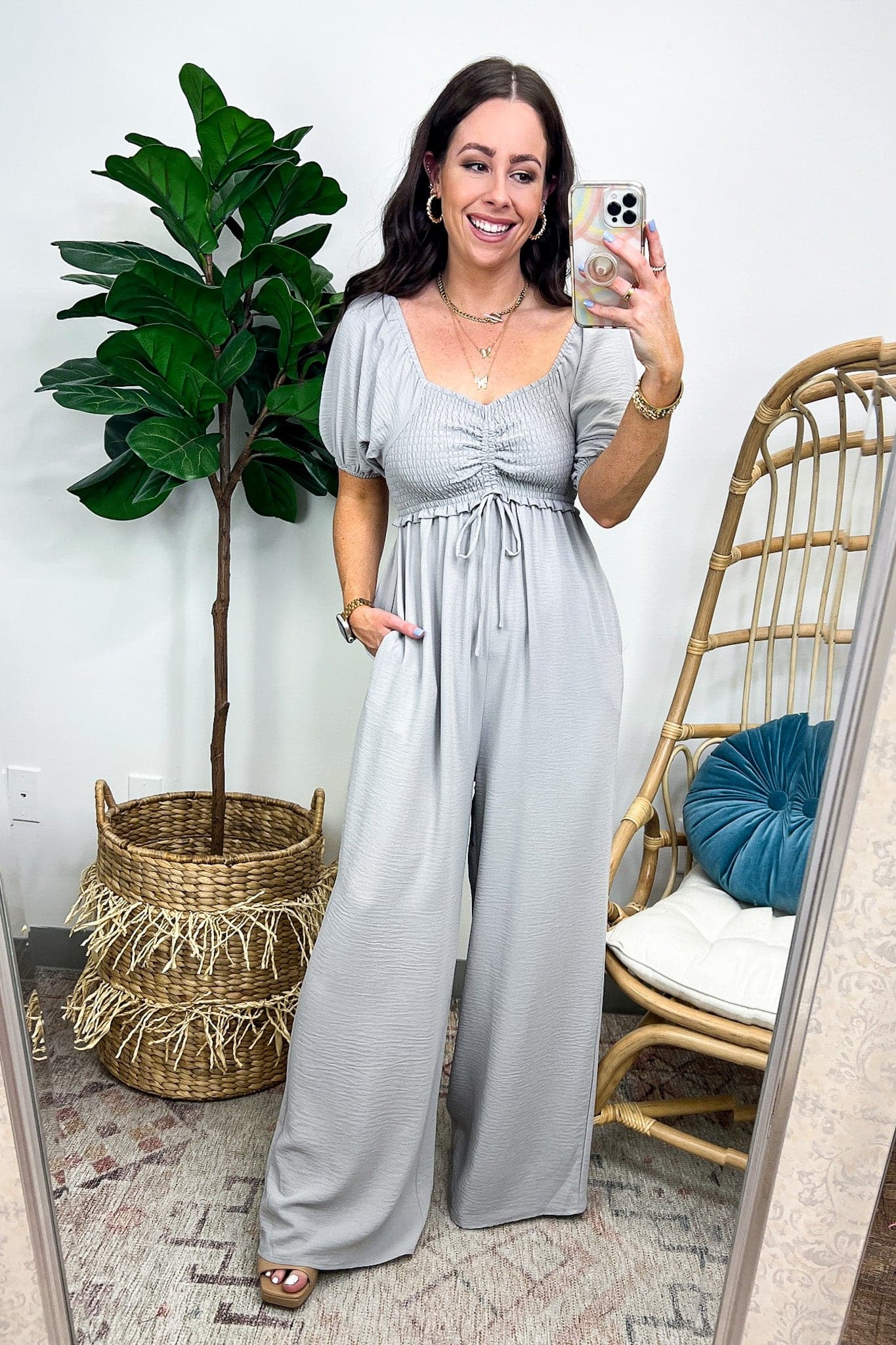 S / Silver Quiet Escape Smocked Ruched Jumpsuit - FINAL SALE - Madison and Mallory