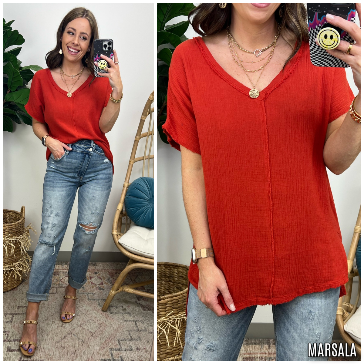  Raney V-Neck Raw Edge Top - FINAL SALE - Madison and Mallory