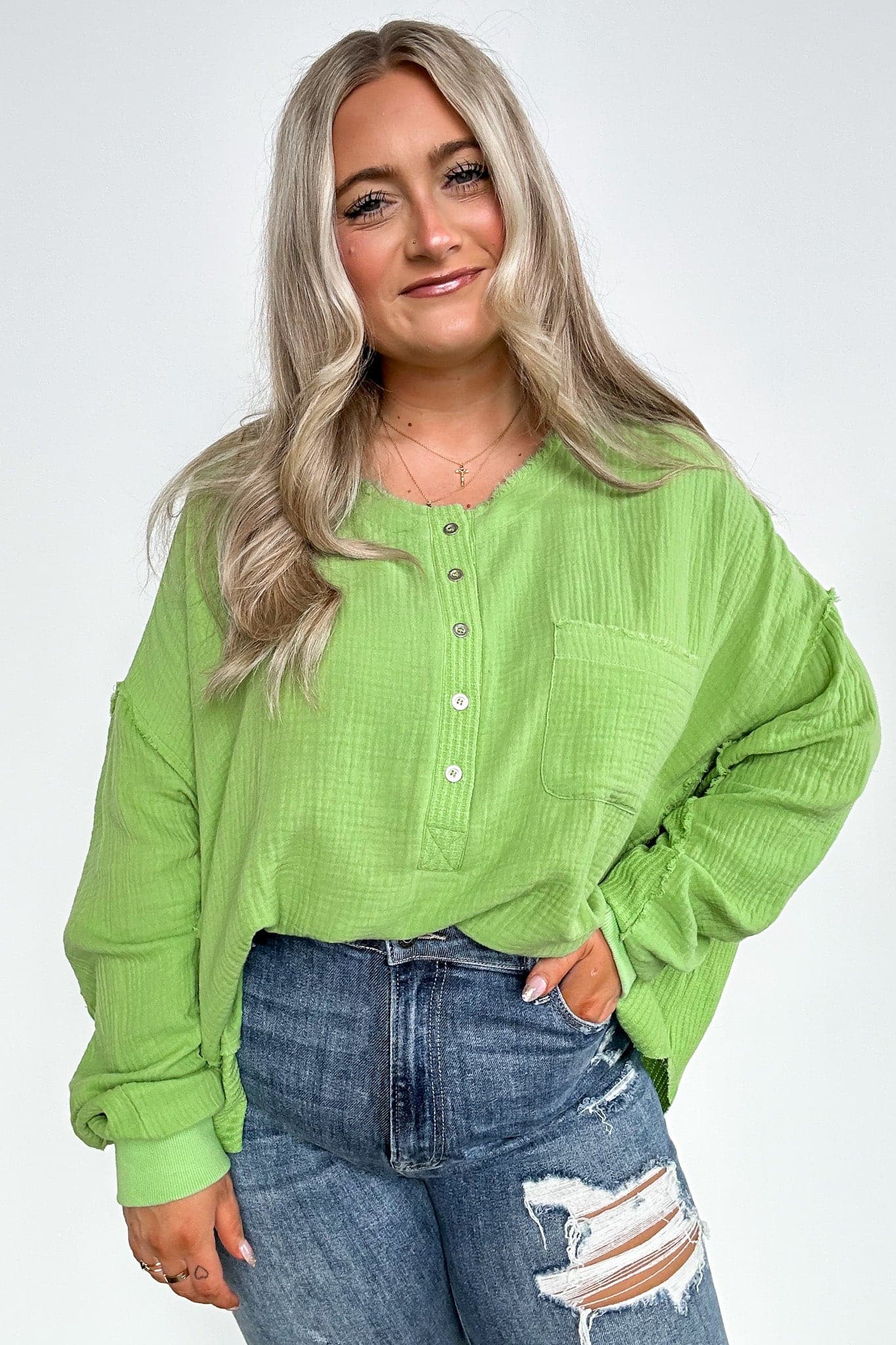 S / Green Apple Rayssa Flowy Raw Edge Henley Top - FINAL SALE - Madison and Mallory