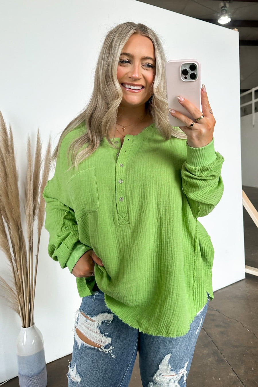  Rayssa Flowy Raw Edge Henley Top - FINAL SALE - Madison and Mallory