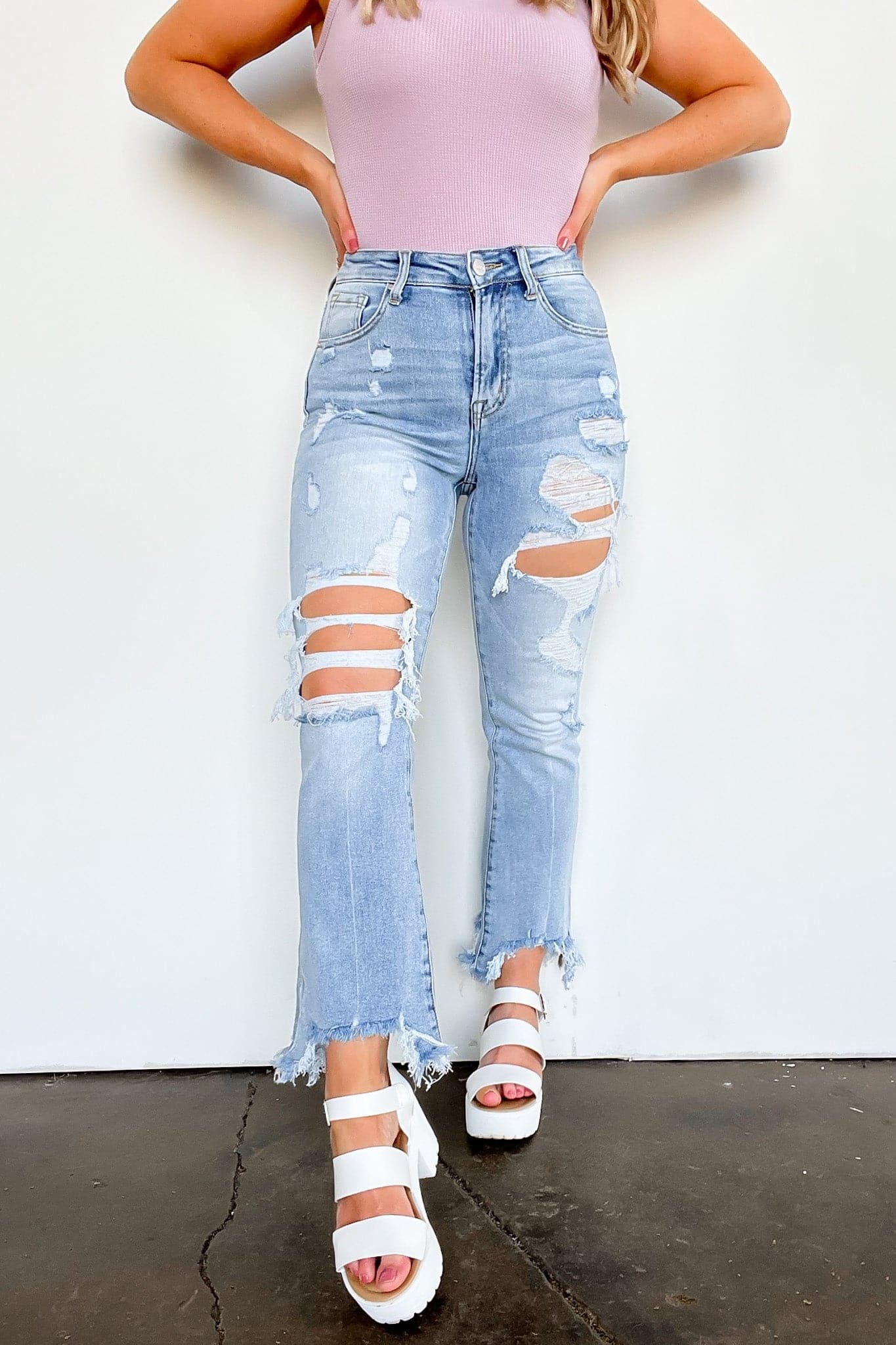 1 / Light Relay the Message High Rise Distressed Jeans - BACK IN STOCK - Madison and Mallory