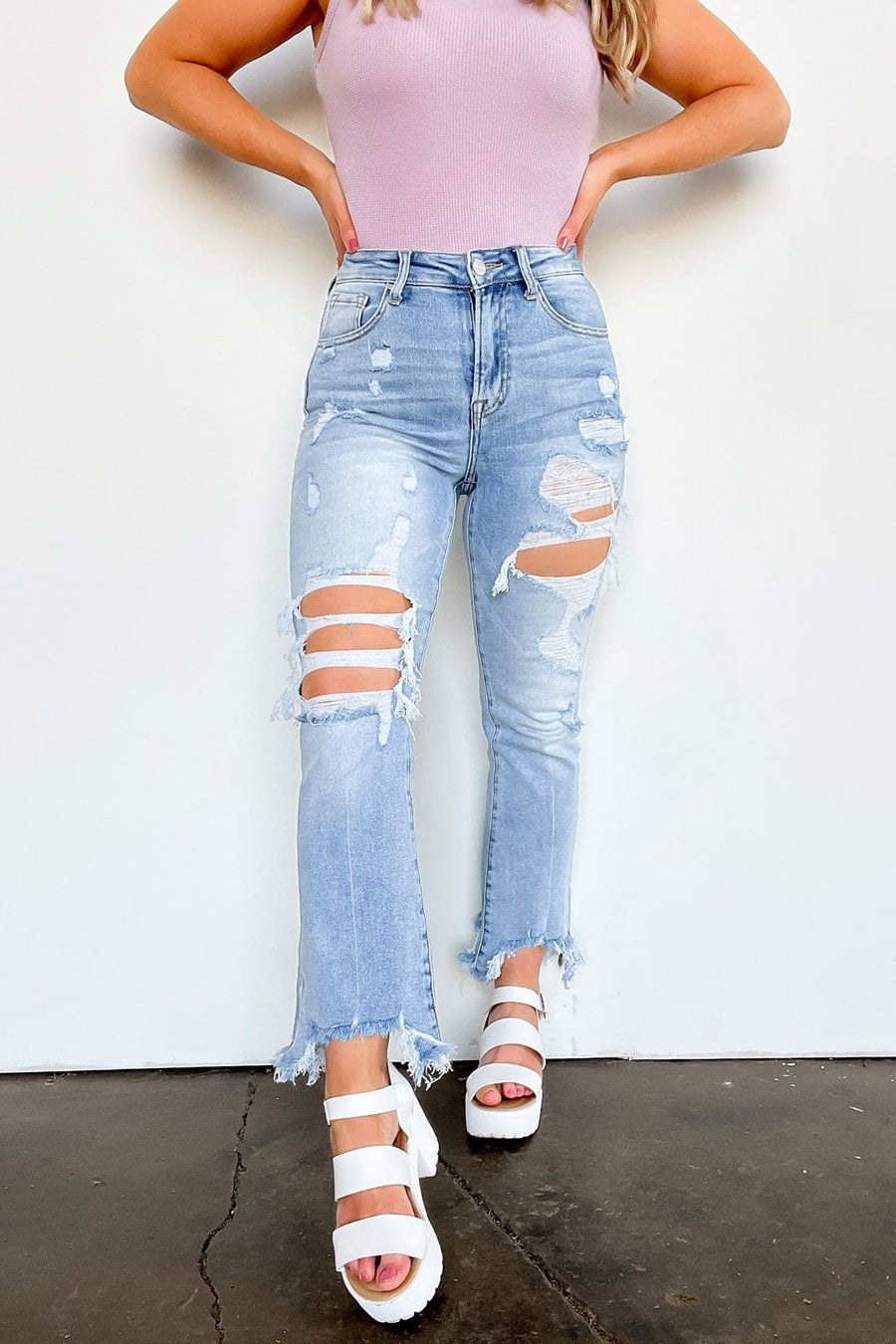 1 / Light Relay the Message High Rise Distressed Jeans - BACK IN STOCK - Madison and Mallory