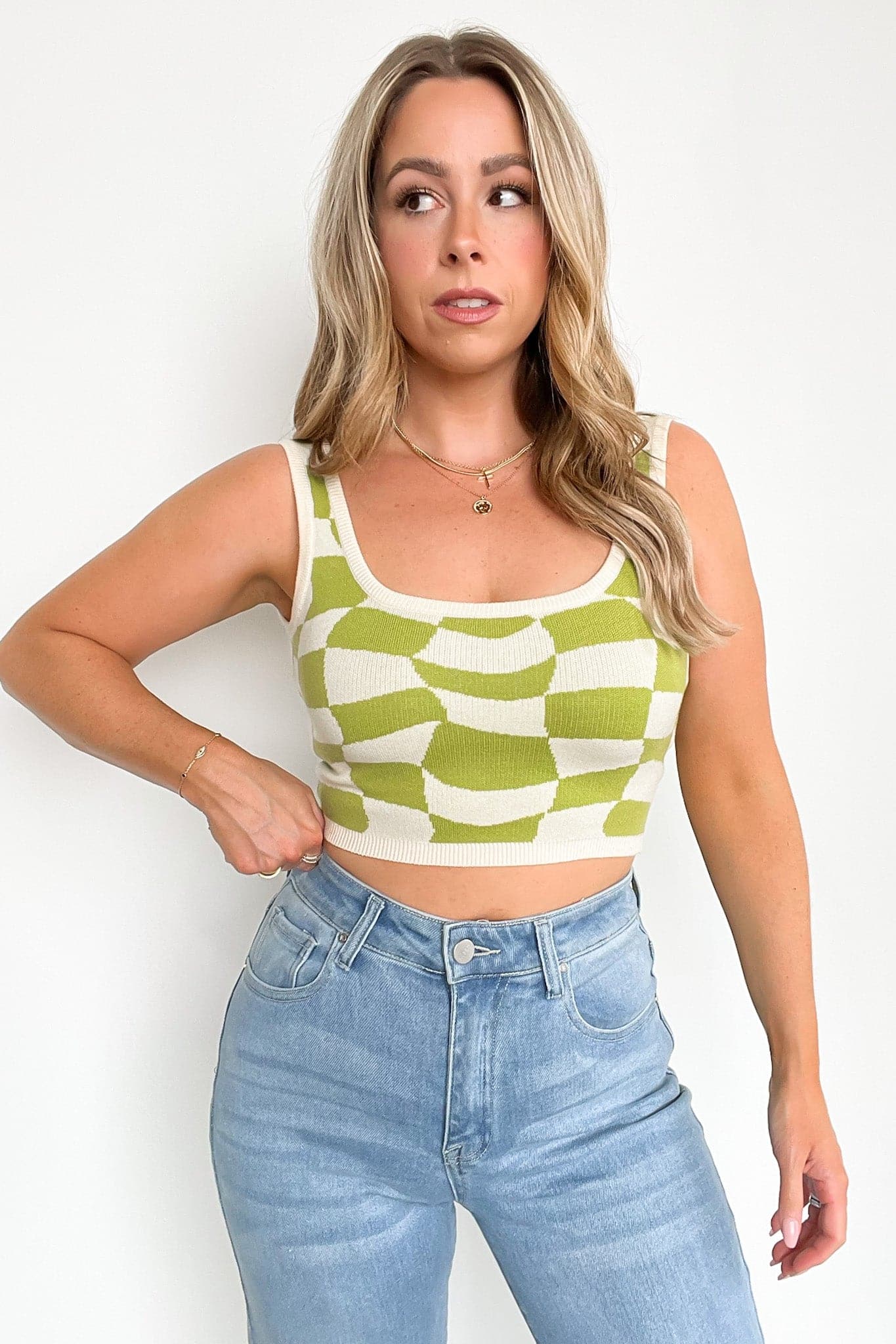 XS / Lime Multi Rhythm Checker Knit Top - FINAL SALE - Madison and Mallory