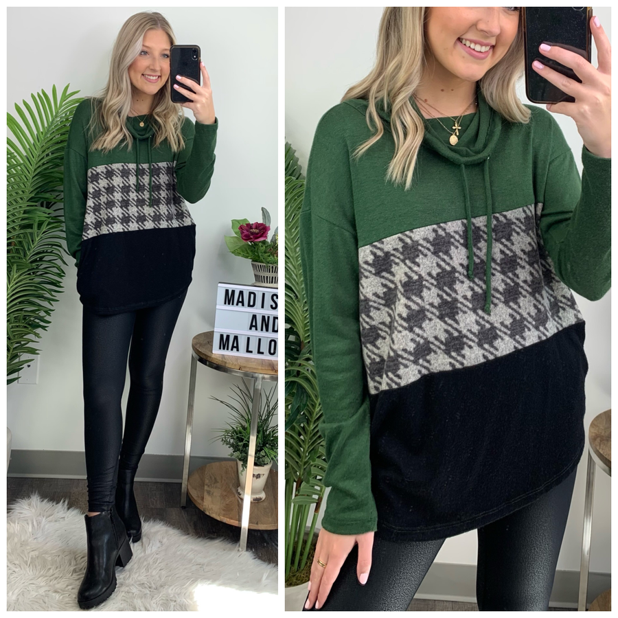 Ridgeville Color Block Houndstooth Mock Neck Top - FINAL SALE - Madison and Mallory
