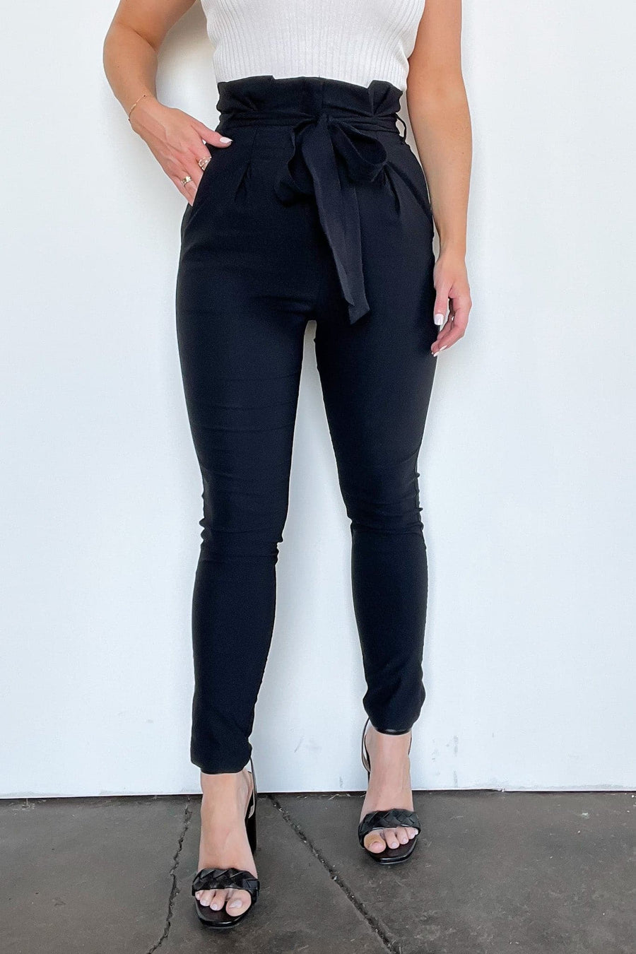 Black / S Riona Ruffled Waist Tie Skinny Pants - FINAL SALE - Madison and Mallory