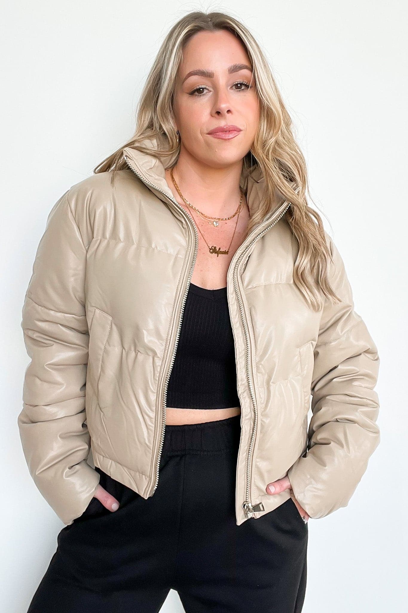 S / Taupe The Ritzy Faux Leather Puffer Jacket - FINAL SALE - Madison and Mallory