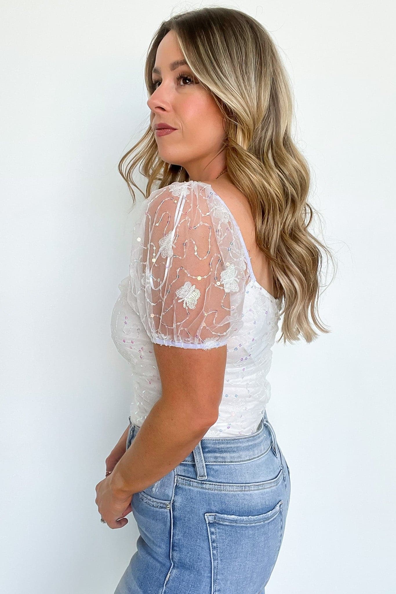  Romantic Thoughts Mesh Puff Sleeve Embroidered Bodysuit - FINAL SALE - Madison and Mallory