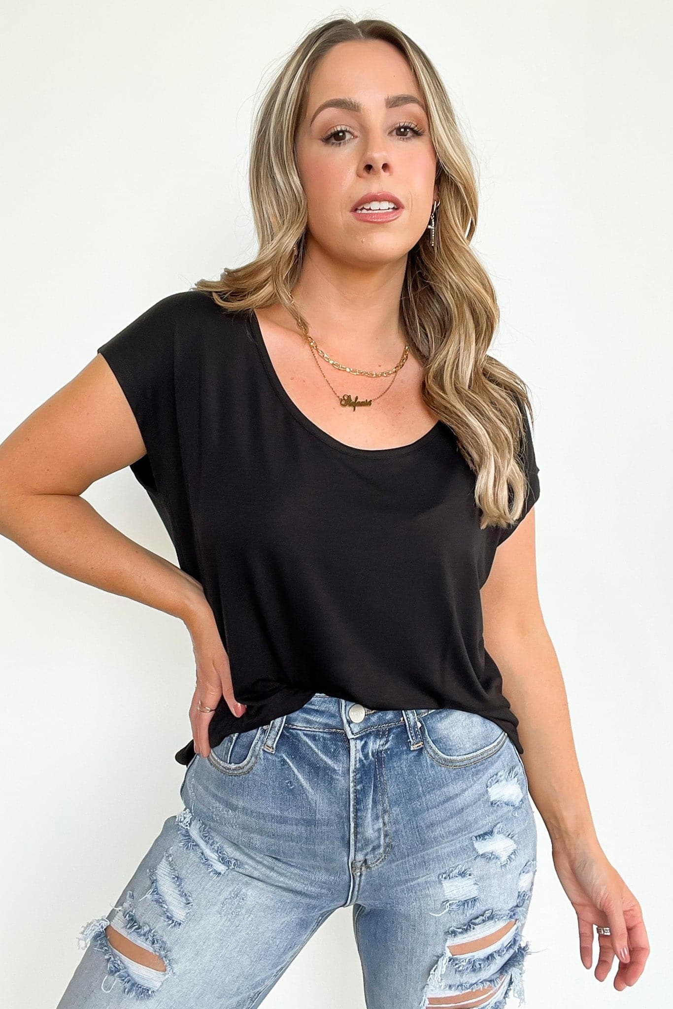 Black / S Rosha Scoop Neck Short Sleeve Top - FINAL SALE - Madison and Mallory