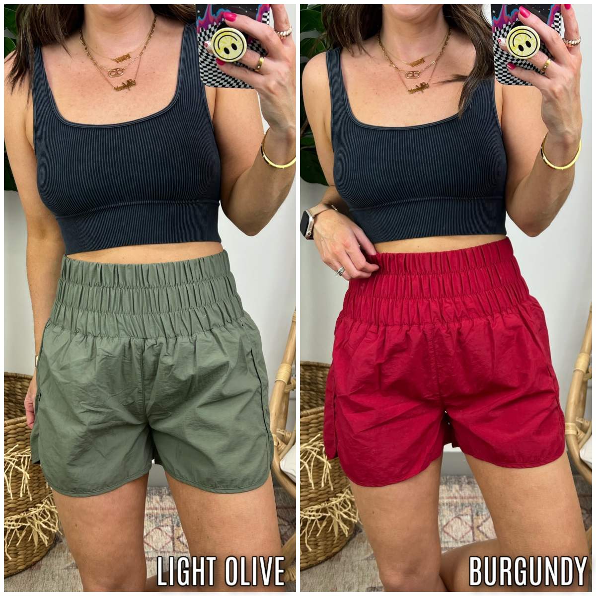 Burgundy Windbreaker Smocked Waistband Shorts Burgundy Windbreaker Smocked Waistband Shorts