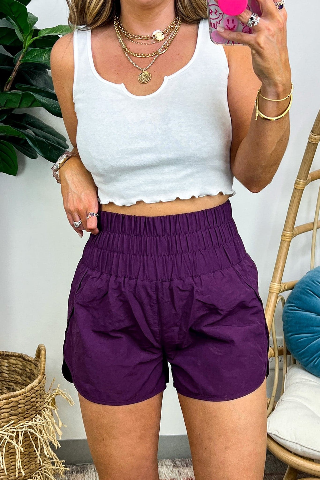 Eggplant / S Running Errands High Waist Smocked Waist Shorts - FINAL SALE - Madison and Mallory