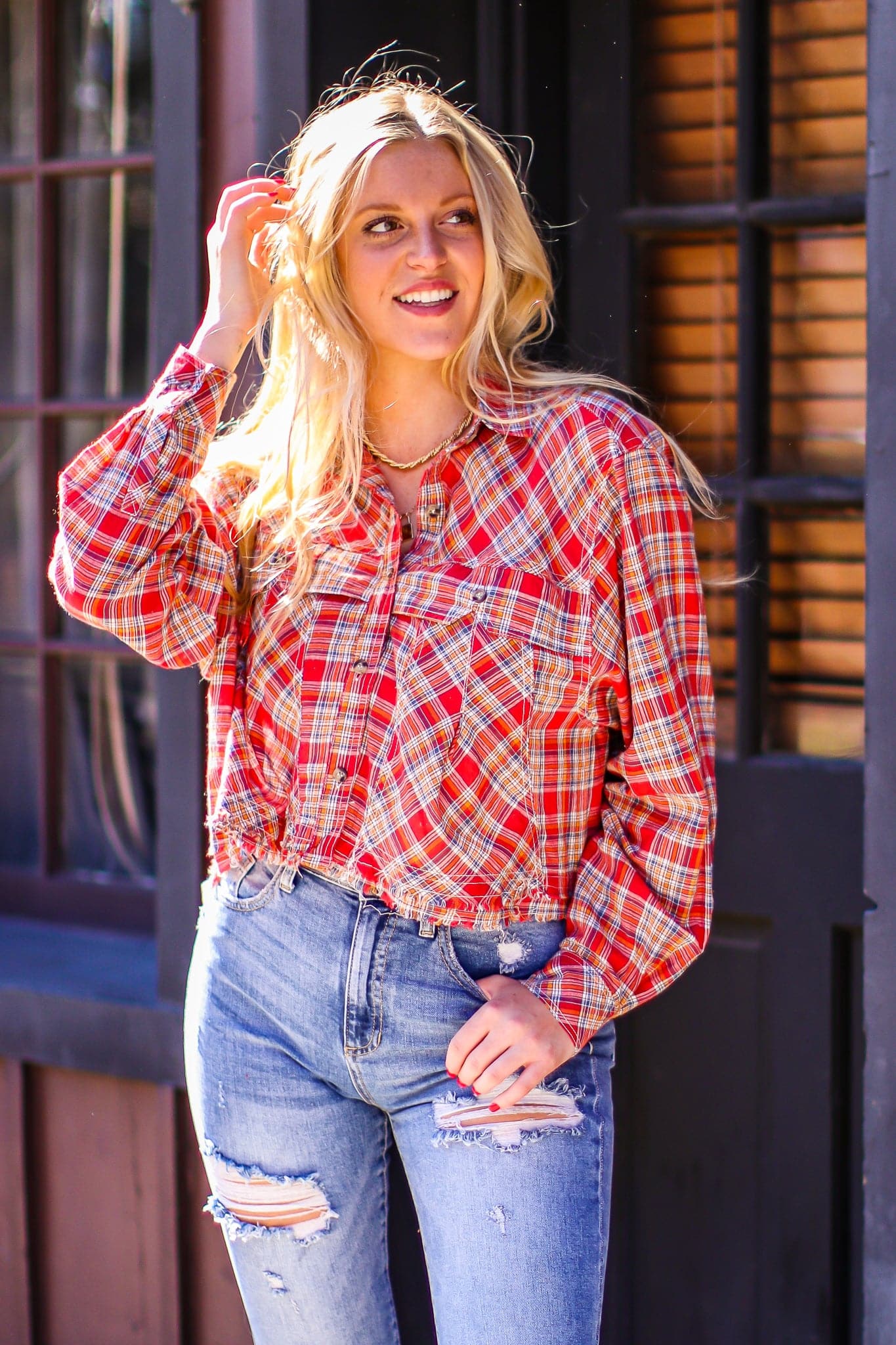 Red / S Ryane Button Down Raw Edge Flannel Top - FINAL SALE - Madison and Mallory