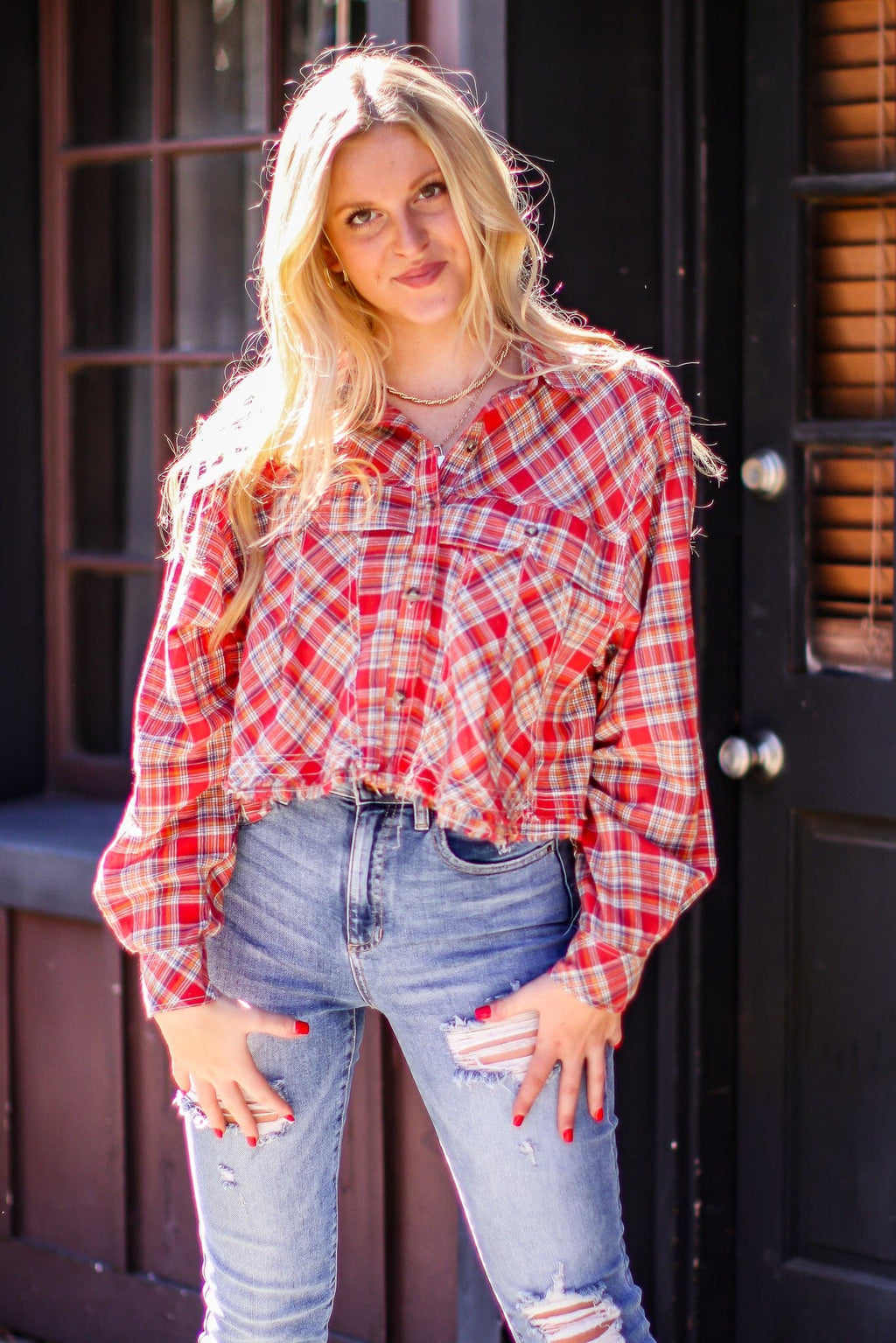  Ryane Button Down Raw Edge Flannel Top - FINAL SALE - Madison and Mallory