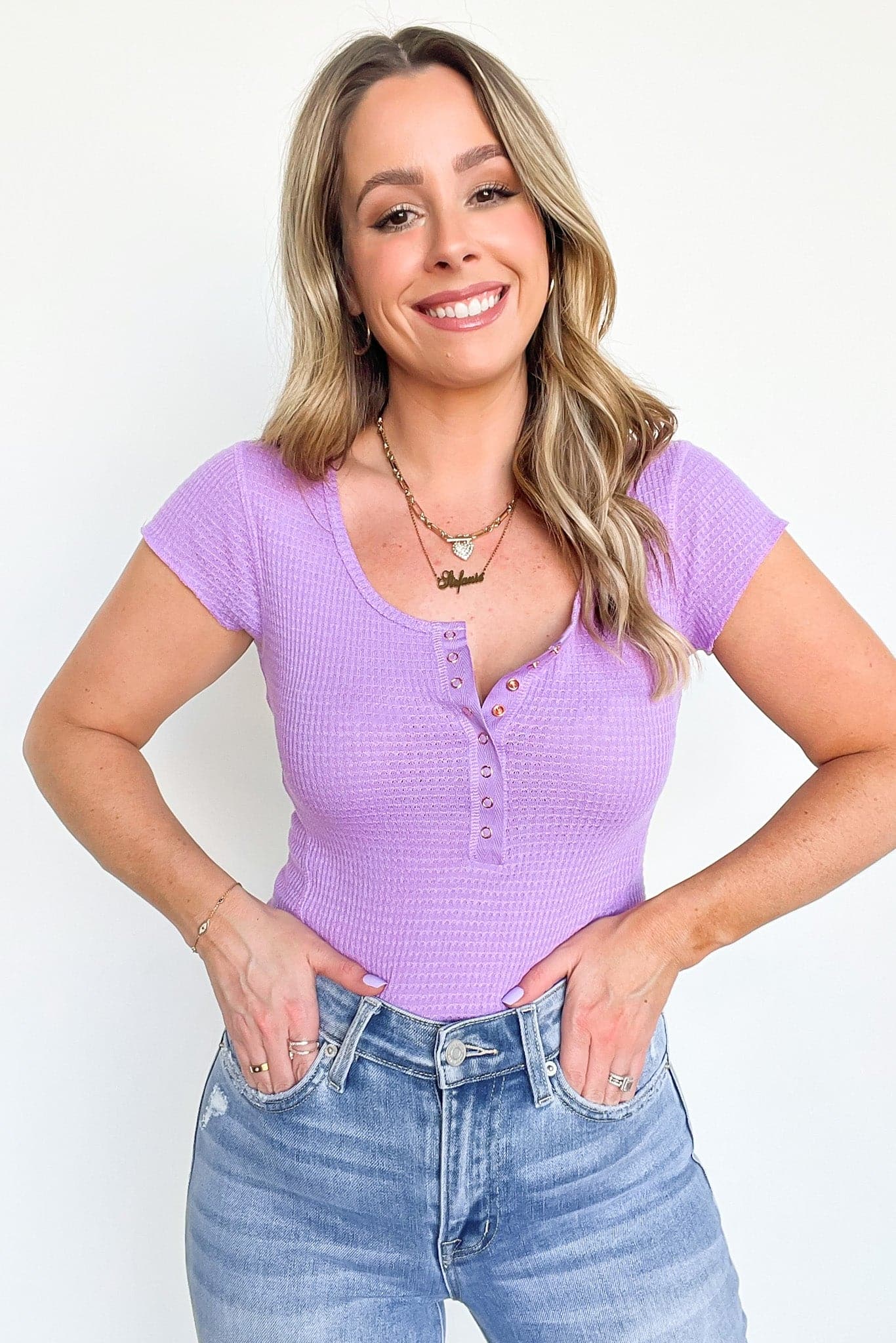  Sana Cap Sleeve Snap Button Waffle Top - FINAL SALE - Madison and Mallory