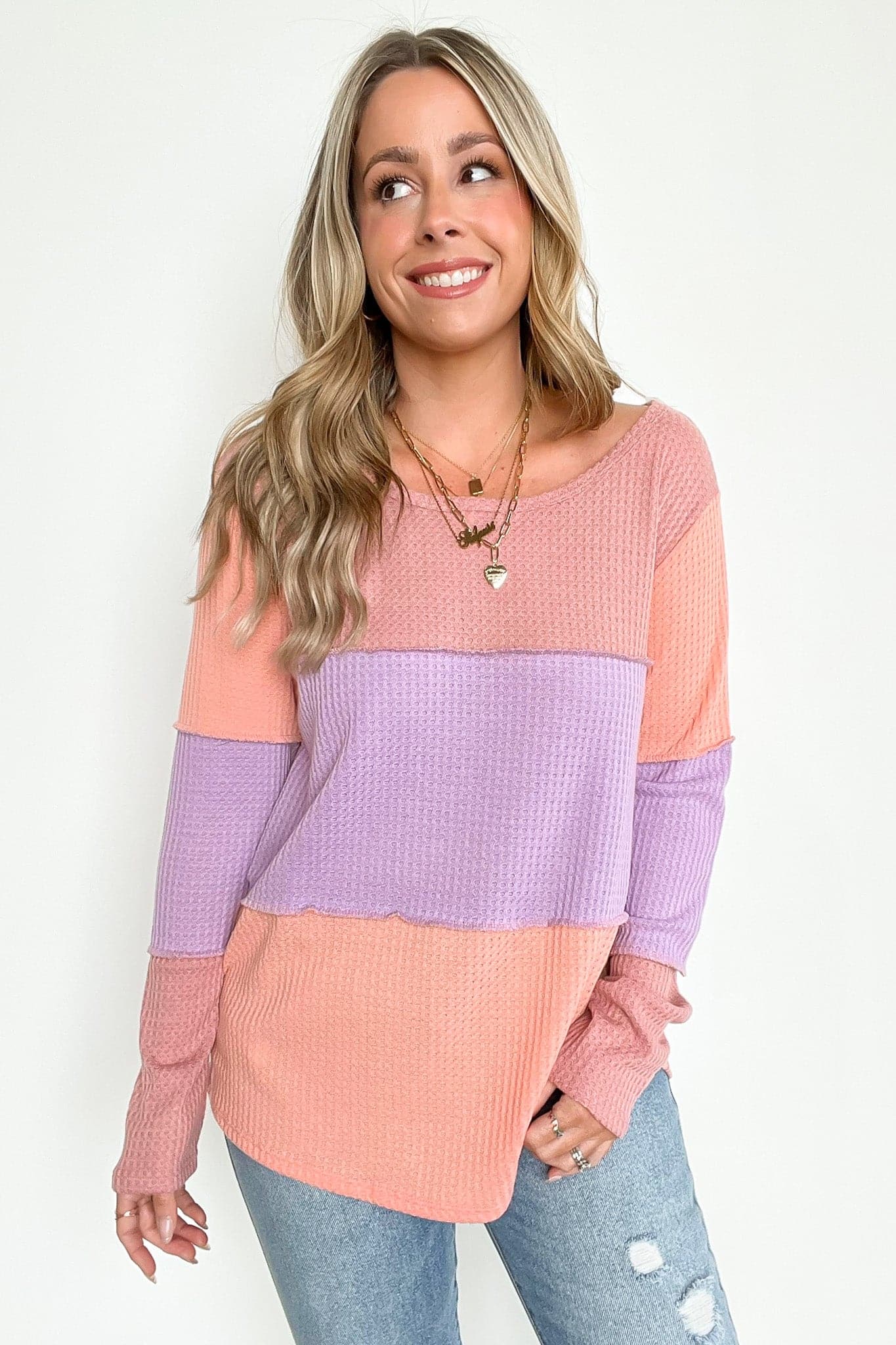 Mauve Lilac / S Sarabeth Color Block Waffle Knit Top - FINAL SALE - Madison and Mallory