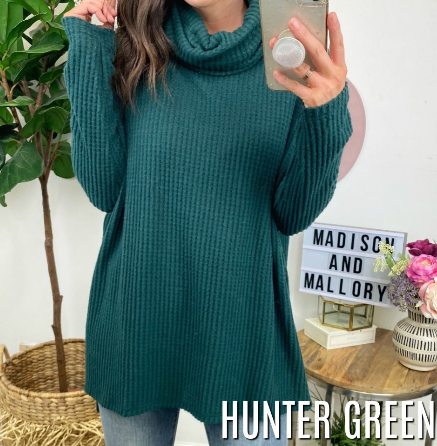 Hunter Green / S New Energy Waffle Knit Cowl Neck Top - Madison and Mallory