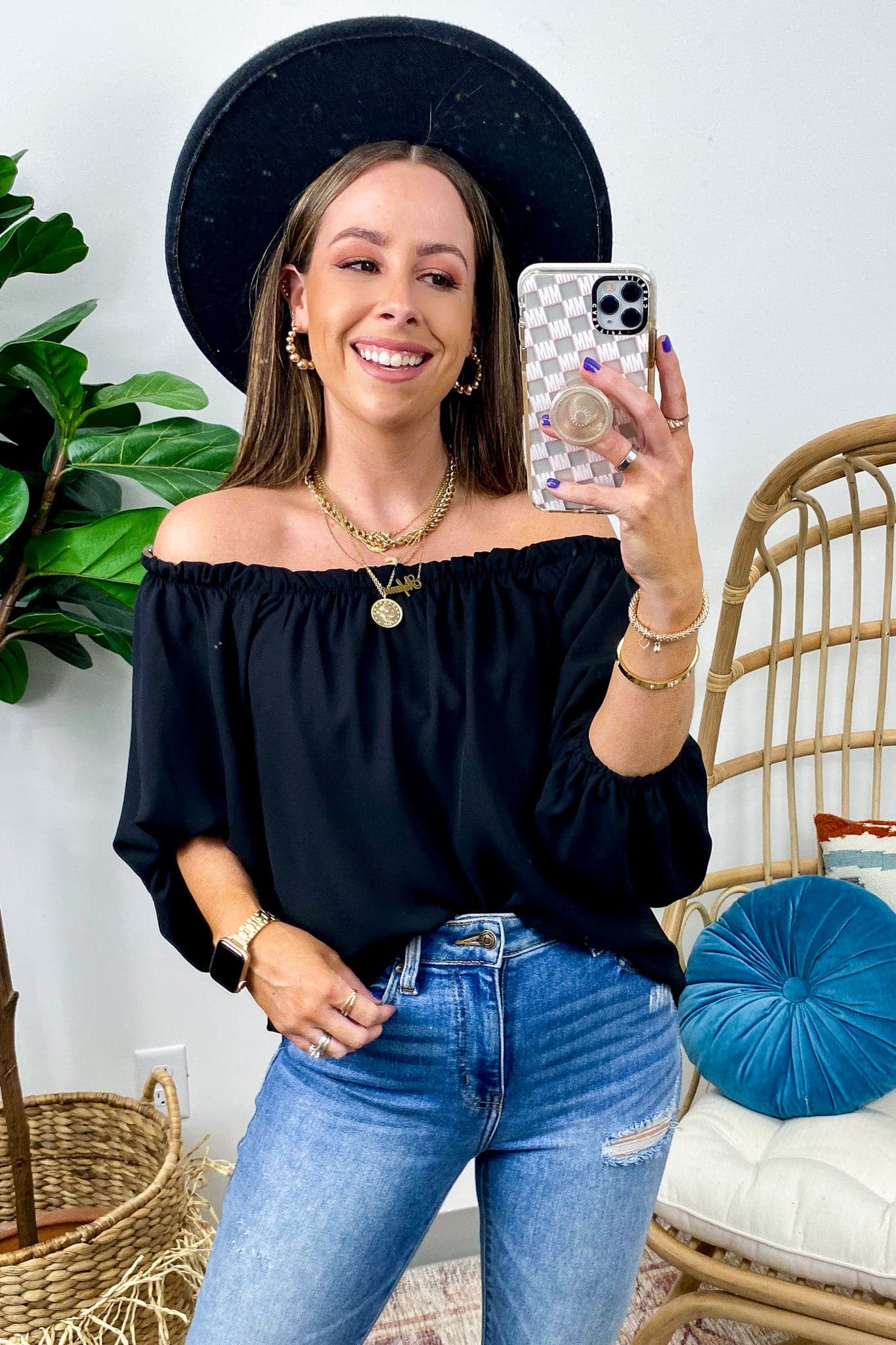Black / S Serrano Off Shoulder Bubble Sleeve Top - FINAL SALE - Madison and Mallory