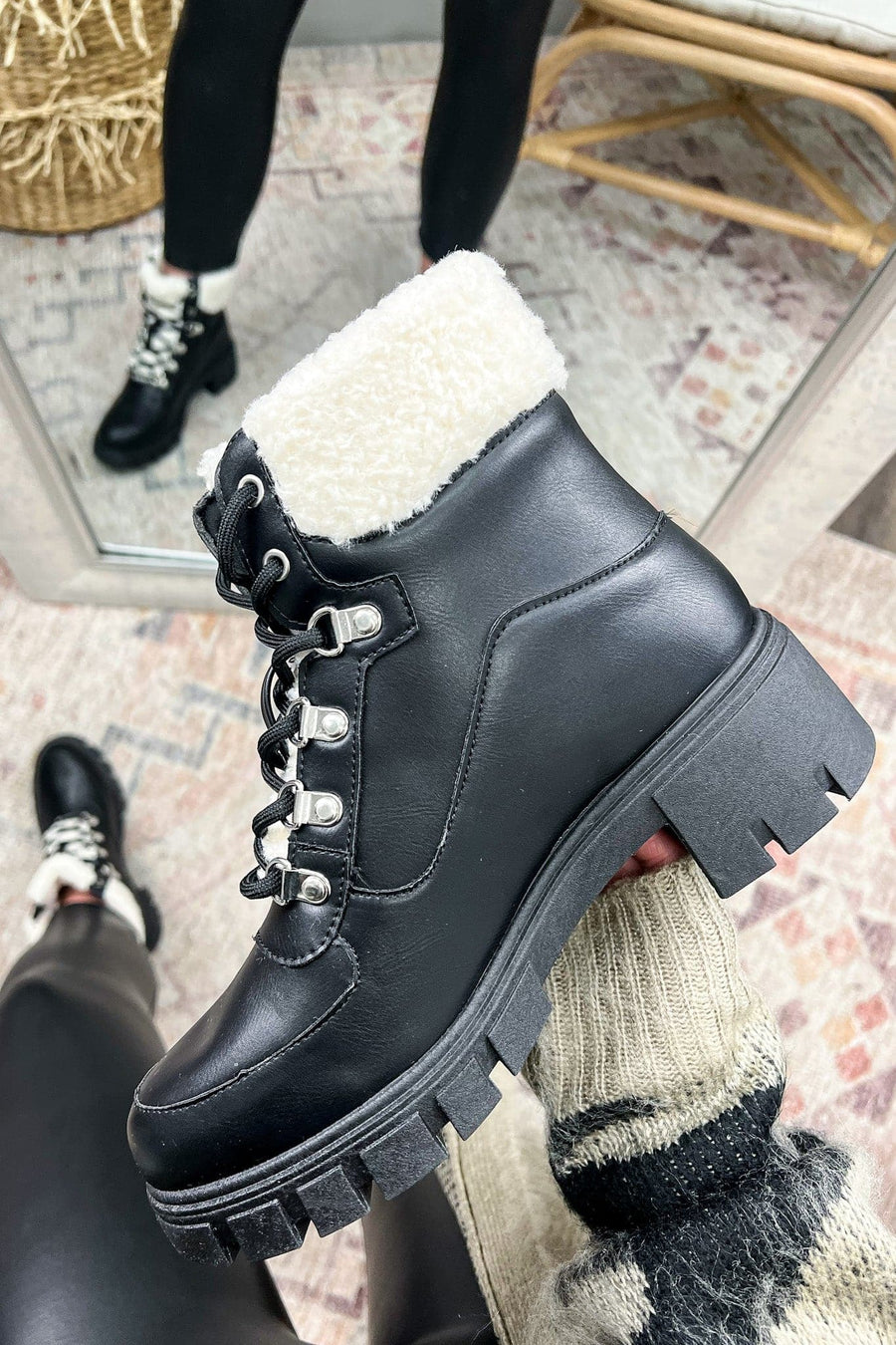 Black / 5 Settle into Cozy Lace Up Boots - FINAL SALE - Madison and Mallory