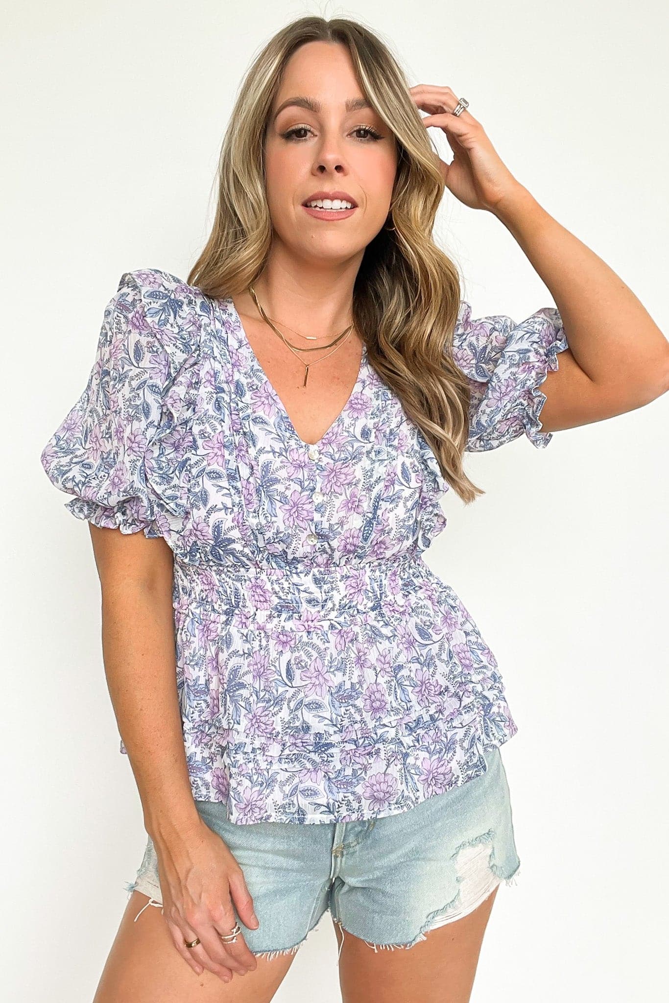 S / Lilac Sherrie Floral Pleated Smocked Waist Top - FINAL SALE - Madison and Mallory