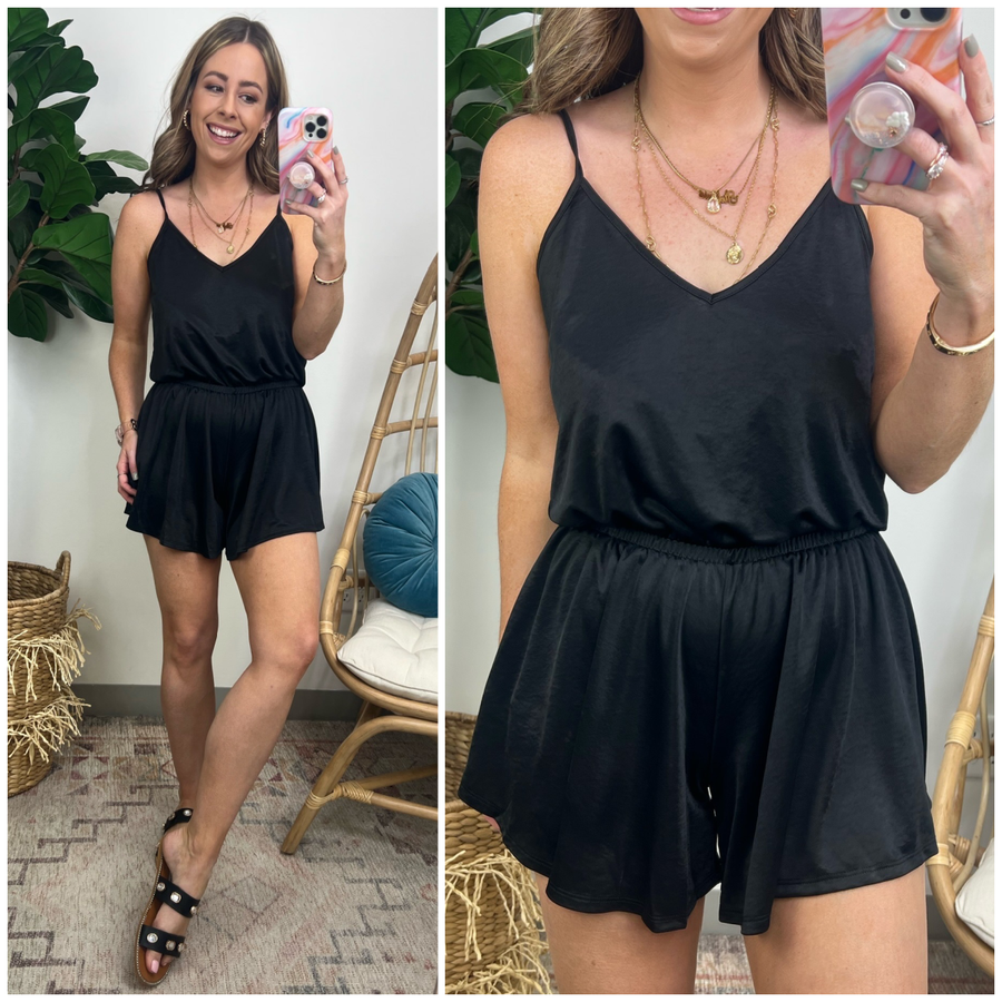  Show Stealer Satin V-Neck Romper - Madison and Mallory