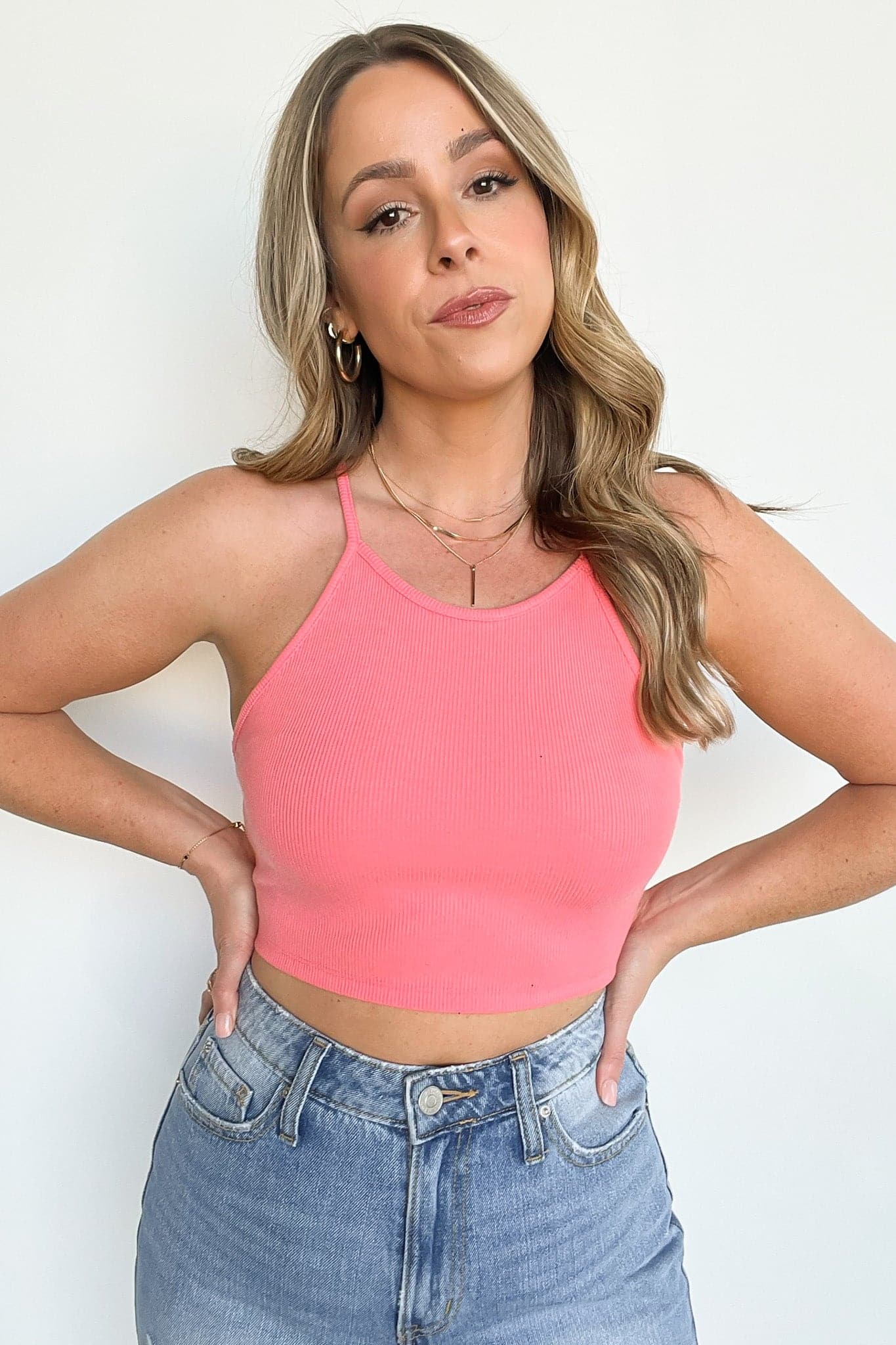 Pink Coral Combo / S Show You the Ropes Ribbed Halter Neck Cropped Tank Top - FINAL SALE - Madison and Mallory