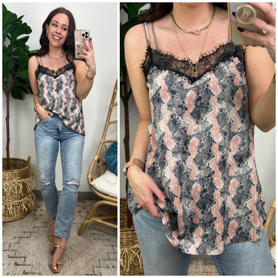  Sila Animal Print Lace Cami Top - FINAL SALE - Madison and Mallory