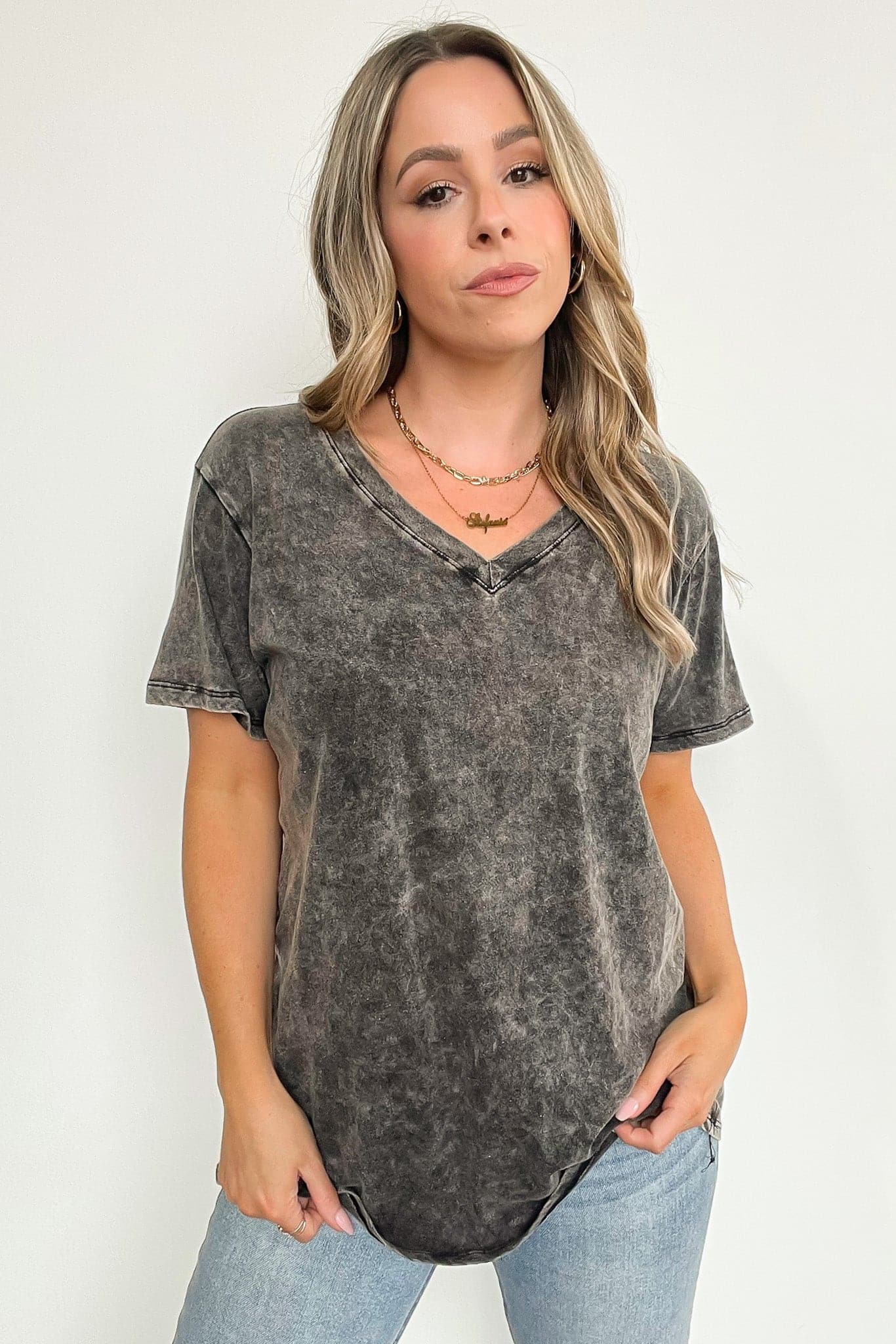  Soliel Acid Wash V-Neck Relaxed Fit Top - BACK IN STOCK - Madison and Mallory