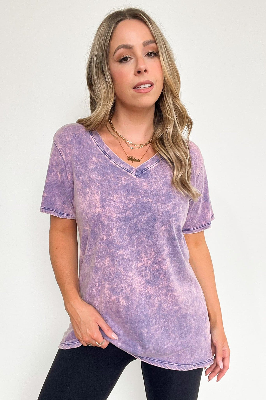  Soliel Acid Wash V-Neck Relaxed Fit Top - BACK IN STOCK - Madison and Mallory