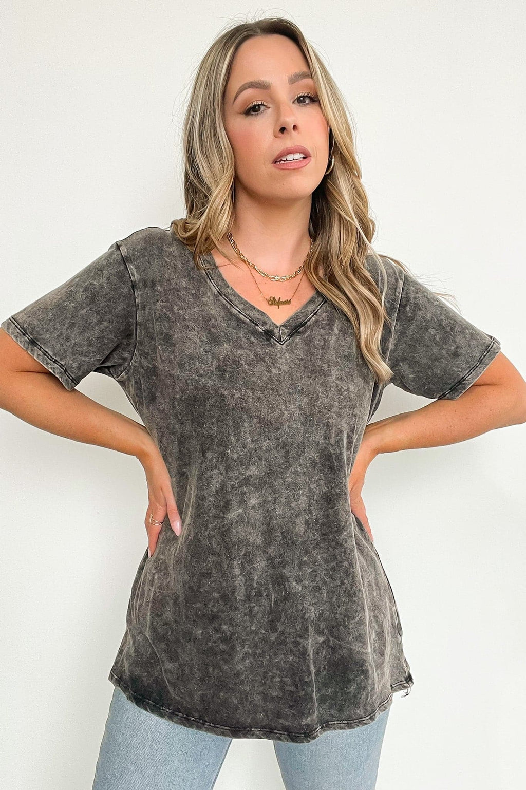  Soliel Acid Wash V-Neck Relaxed Fit Top - BACK IN STOCK - Madison and Mallory