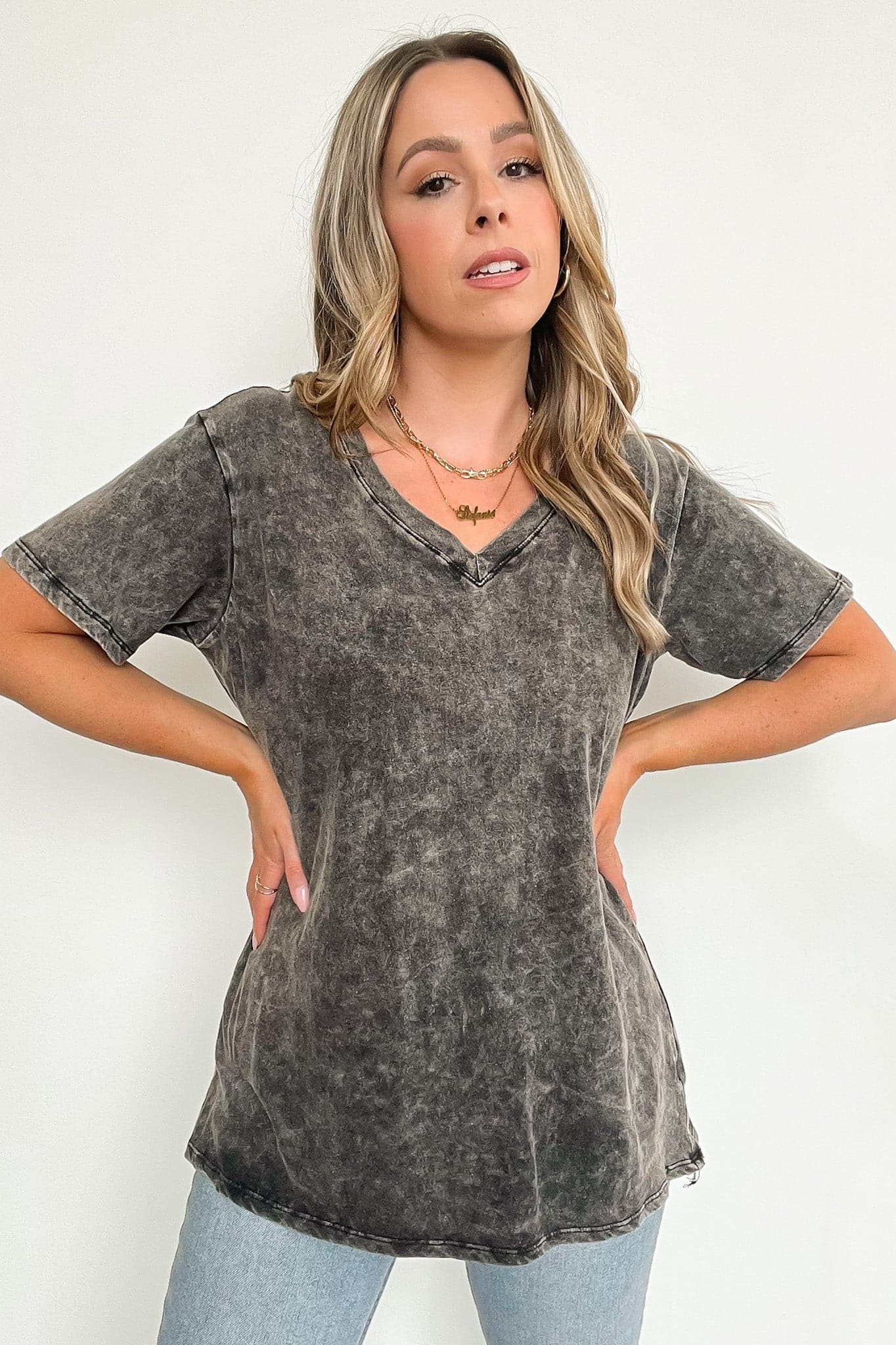  Soliel Acid Wash V-Neck Relaxed Fit Top - BACK IN STOCK - Madison and Mallory