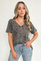  Soliel Acid Wash V-Neck Relaxed Fit Top - BACK IN STOCK - Madison and Mallory