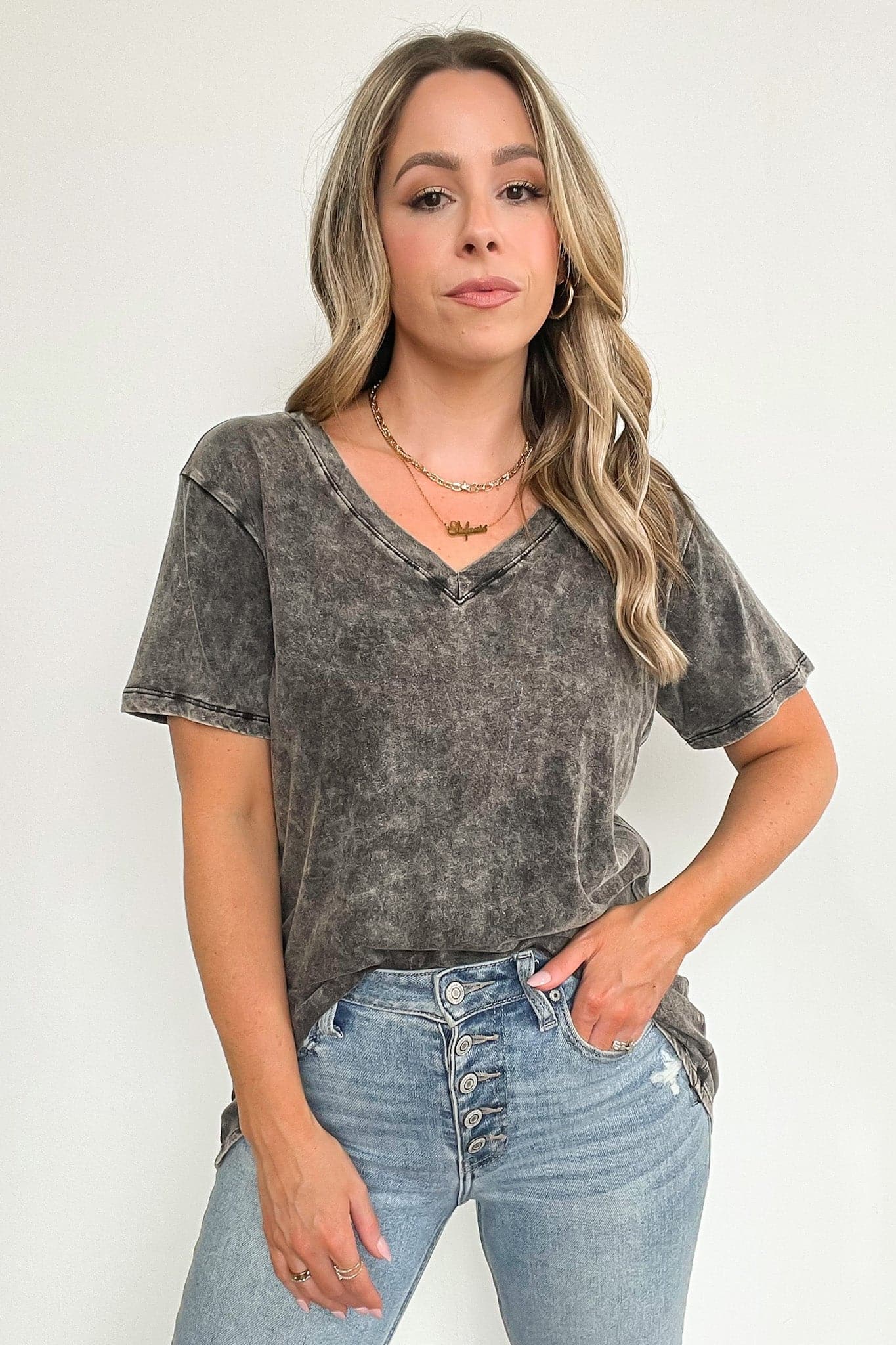  Soliel Acid Wash V-Neck Relaxed Fit Top - BACK IN STOCK - Madison and Mallory