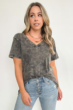 Soleil Acid Wash V-Neck Relaxed Fit Top - BACK IN STOCK - Madison and Mallory