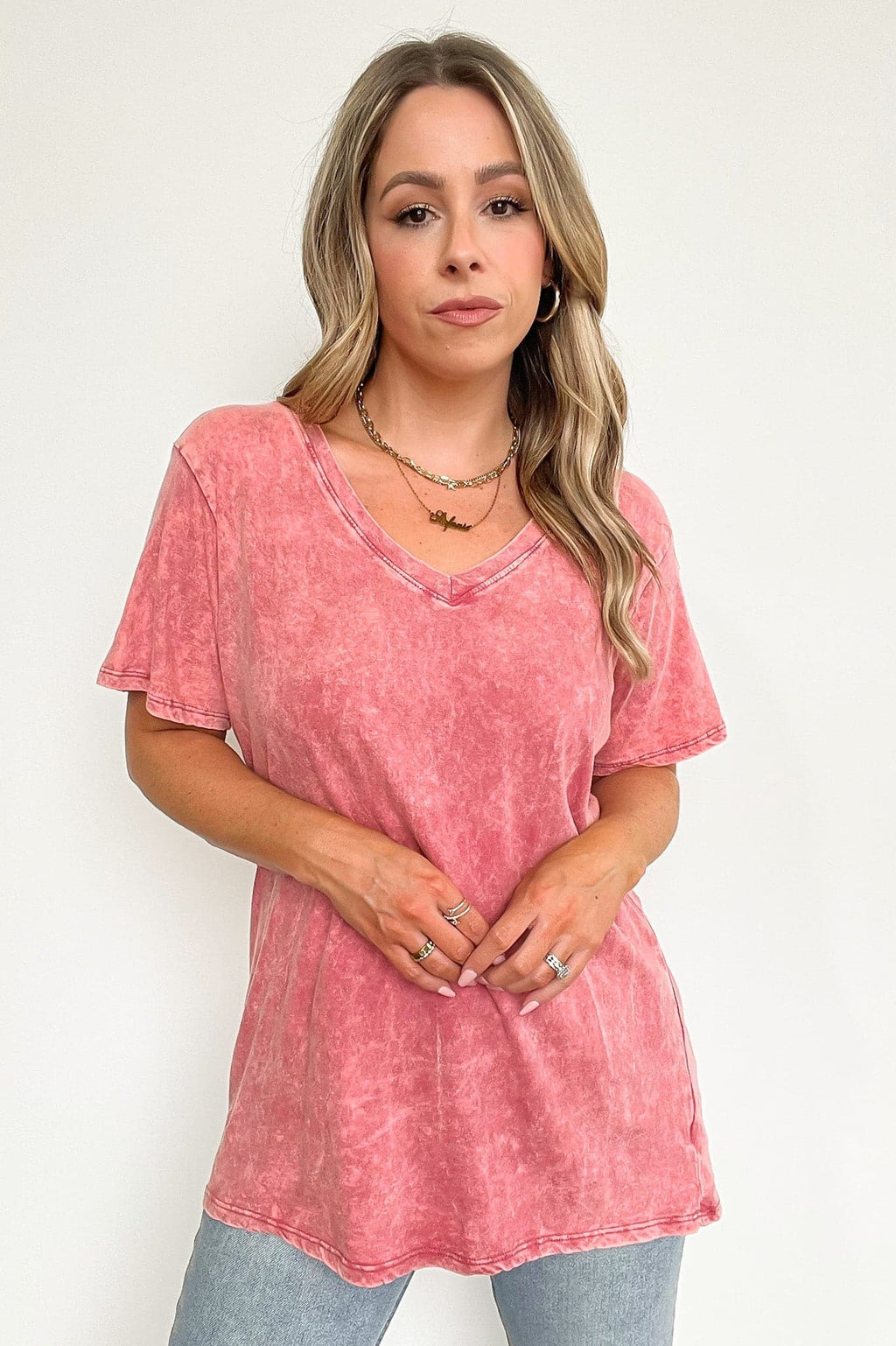  Soliel Acid Wash V-Neck Relaxed Fit Top - BACK IN STOCK - Madison and Mallory