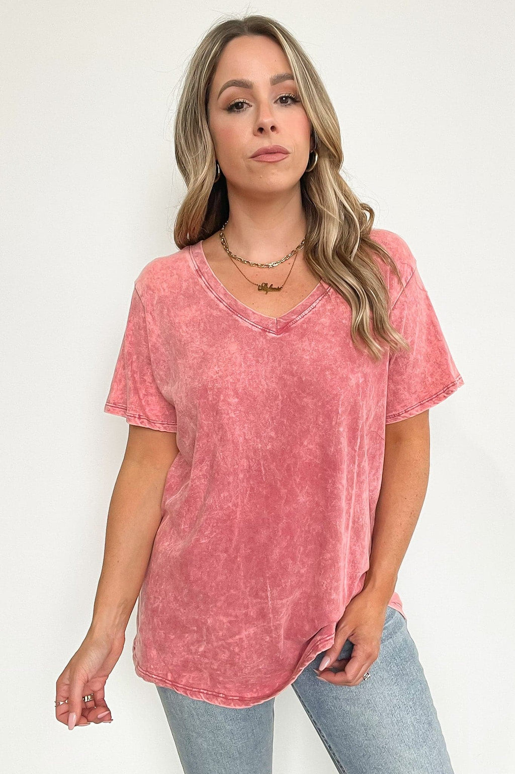  Soliel Acid Wash V-Neck Relaxed Fit Top - BACK IN STOCK - Madison and Mallory