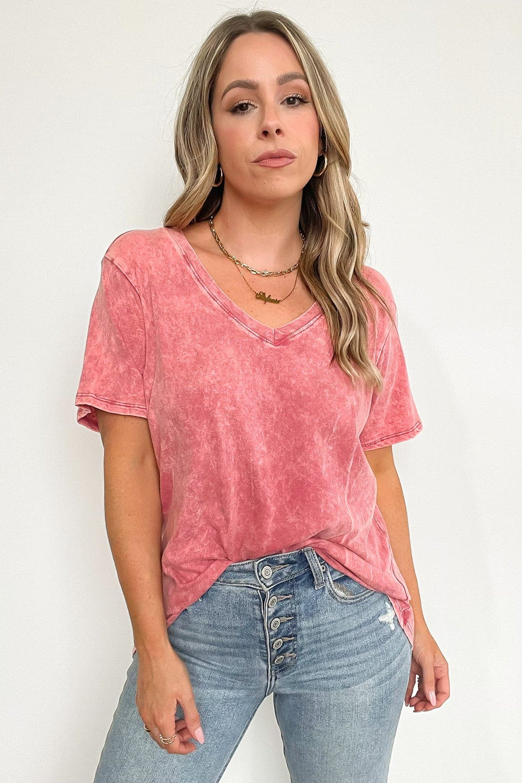  Soliel Acid Wash V-Neck Relaxed Fit Top - BACK IN STOCK - Madison and Mallory