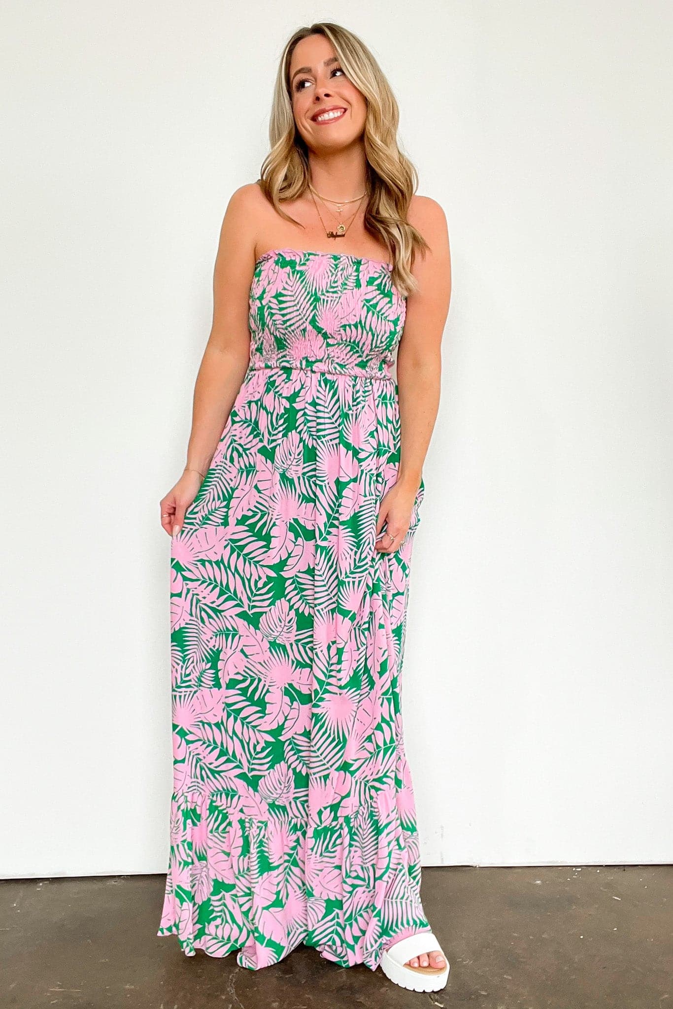 Timing Still in Paradise Tropical Print Smocked Maxi Dress Final Sale M Green Pink