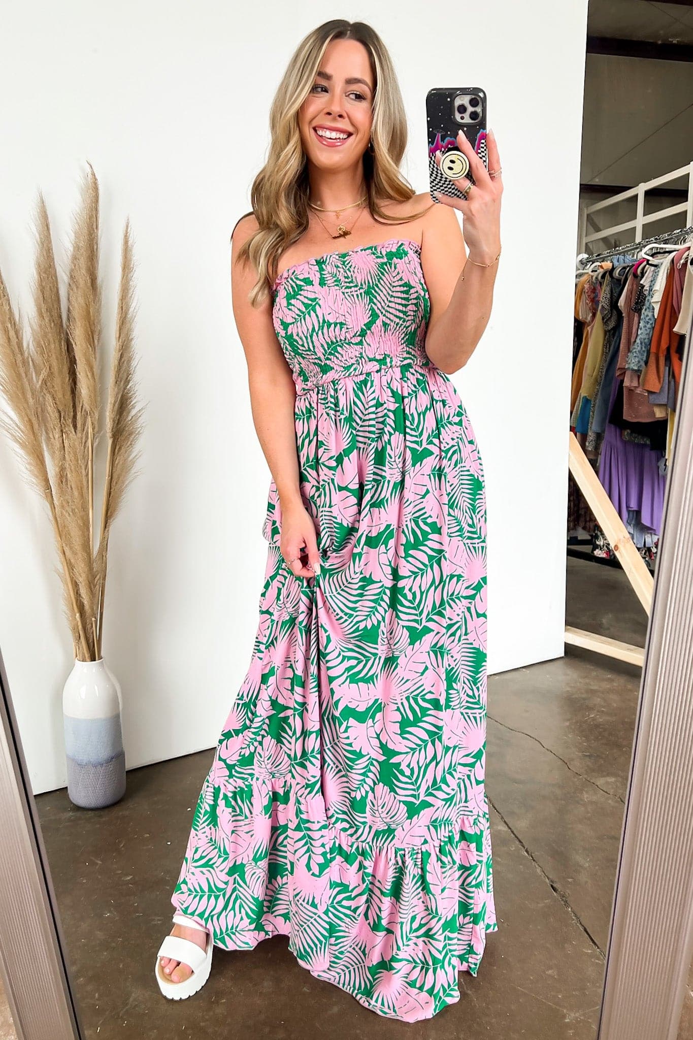S / Green/Pink Still in Paradise Tropical Print Smocked Maxi Dress - FINAL SALE - Madison and Mallory