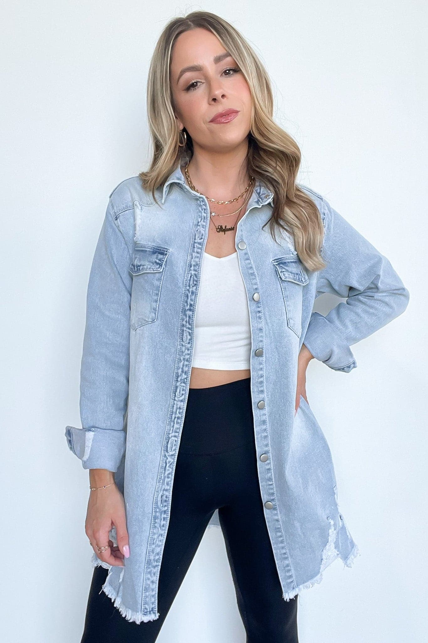 Light / S Stormi Relaxed Distressed Denim Shacket - BACK IN STOCK - Madison and Mallory