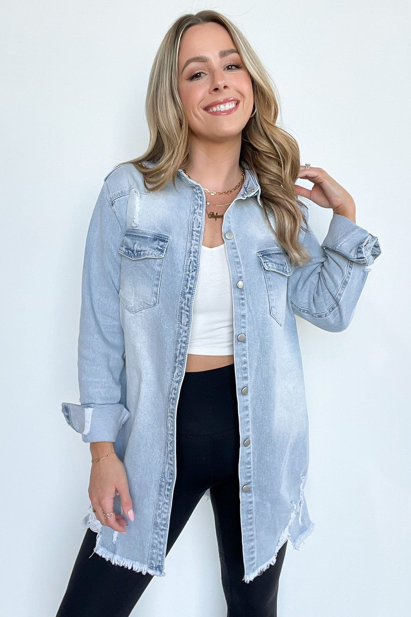  Stormi Relaxed Distressed Denim Shacket - BACK IN STOCK - Madison and Mallory