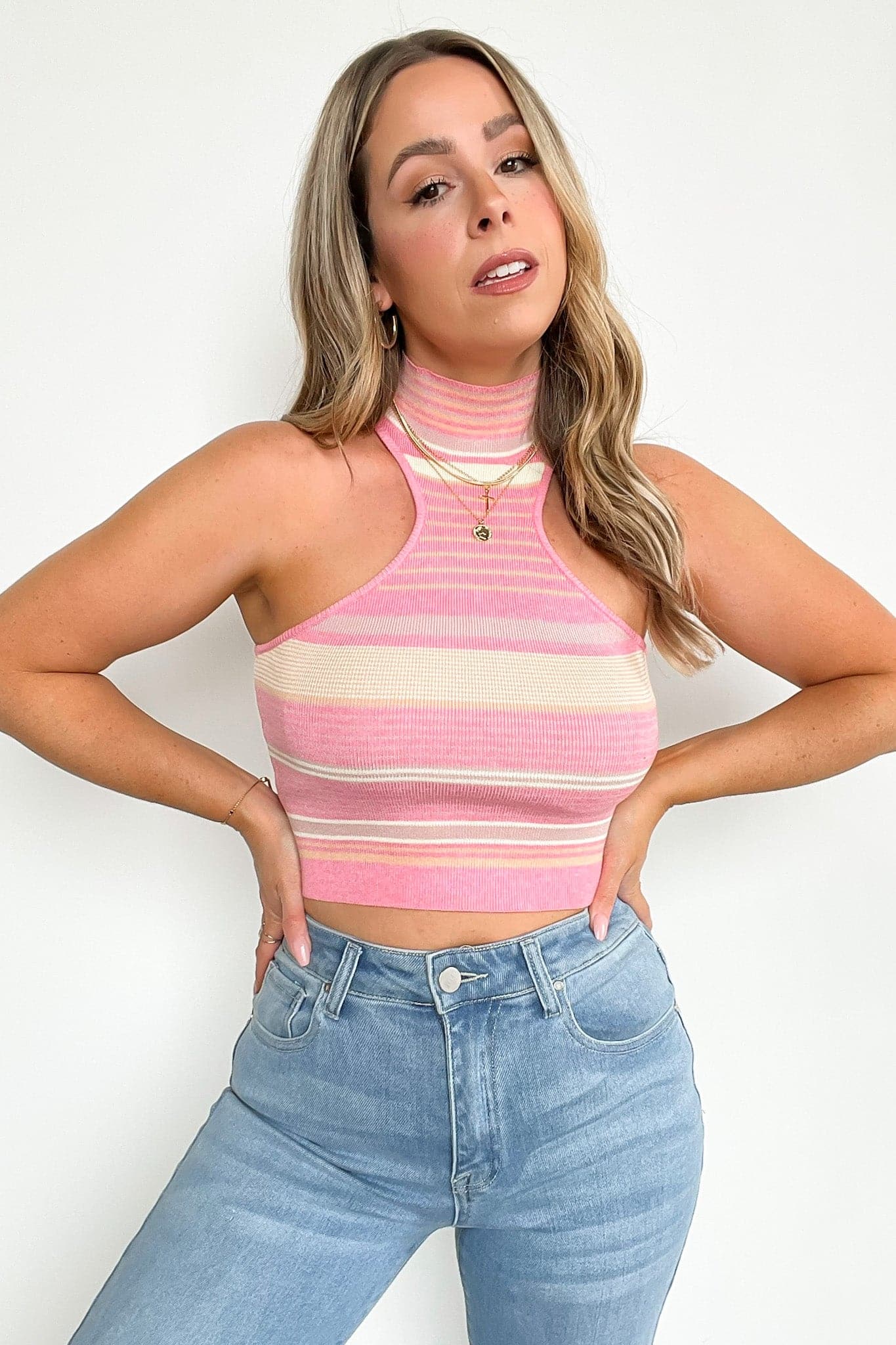 Sun More Time Mock Neck Striped Crop Top - FINAL SALE - Madison and Mallory